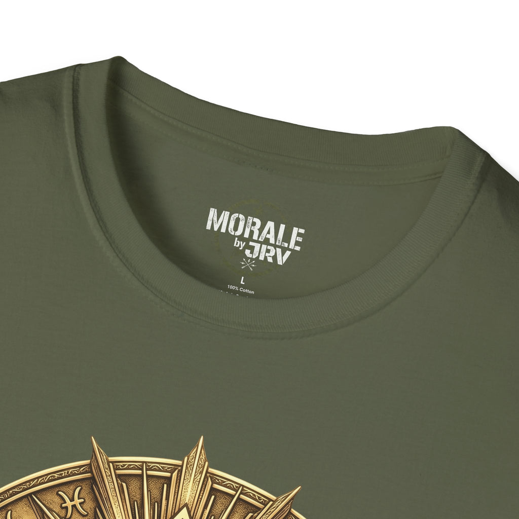 Military green T-shirt collar with brand label and partial gold eye mandala