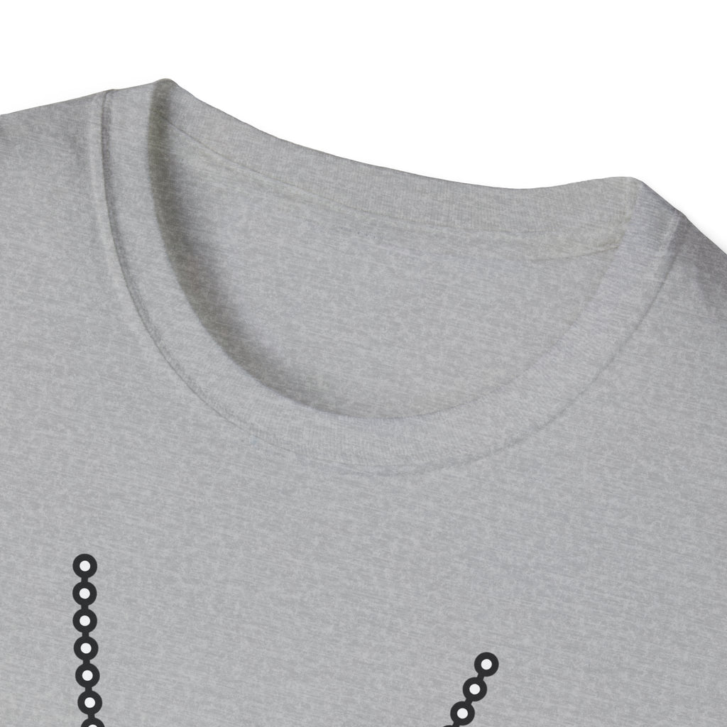 Heather gray T-shirt neckline with partial dog tag chain graphic detail