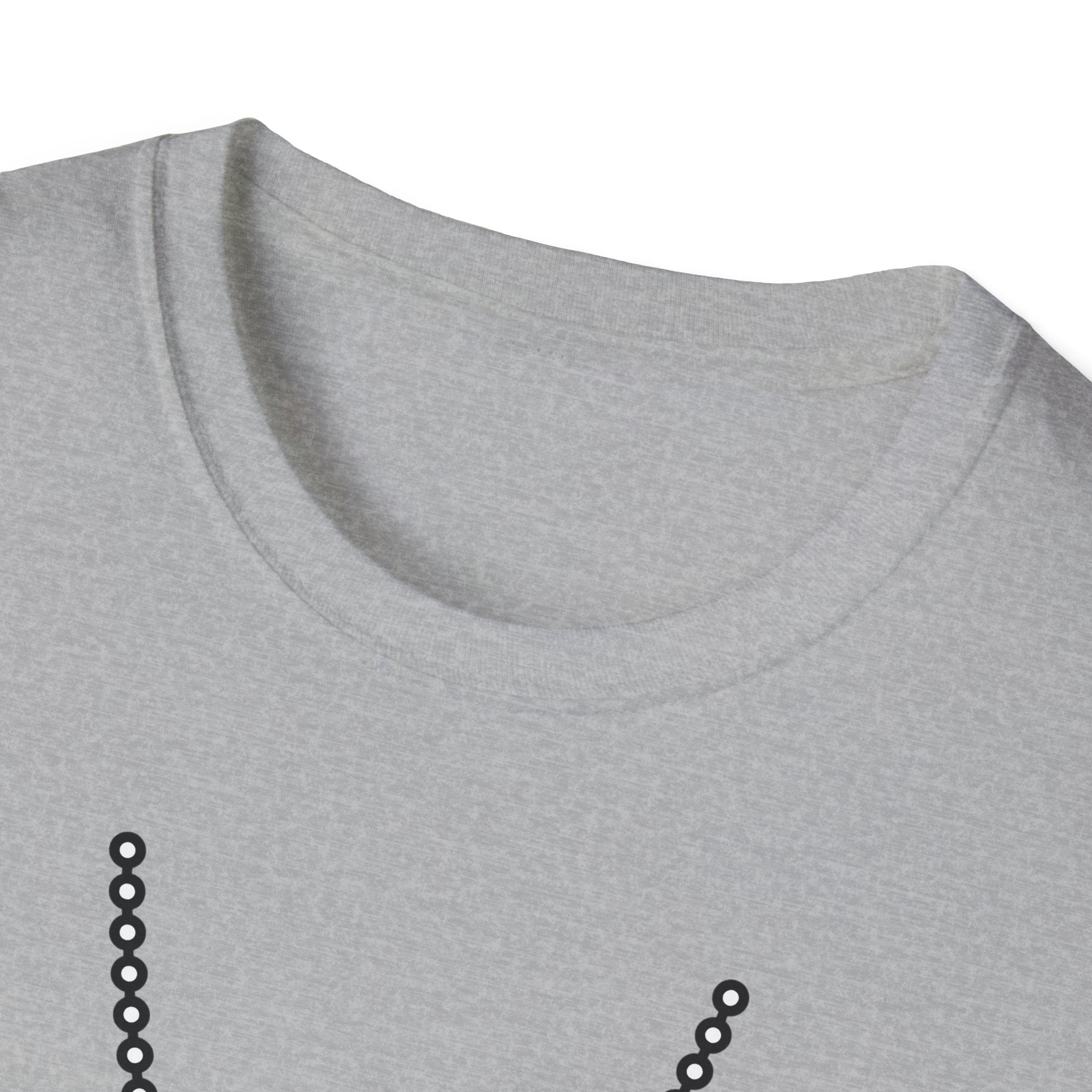 Heather gray T-shirt neckline with partial dog tag chain graphic detail
