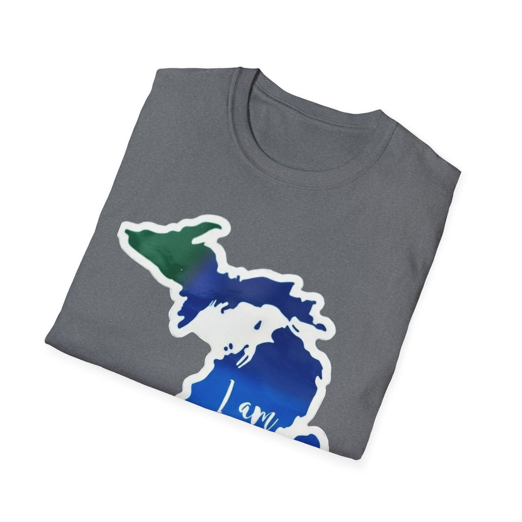 Michigan state map heart T-shirt, heather grey with colorful Michigan outline print