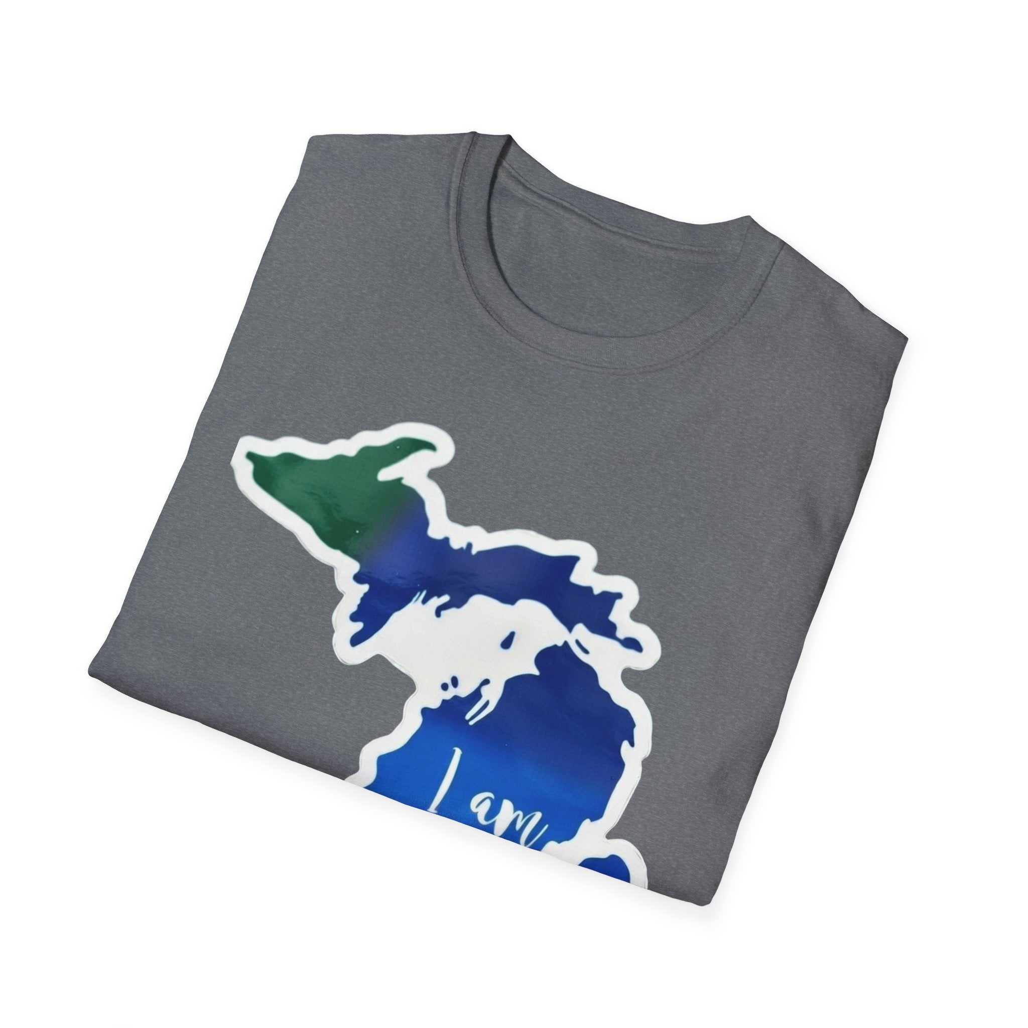 Michigan state map heart T-shirt, heather grey with colorful Michigan outline print