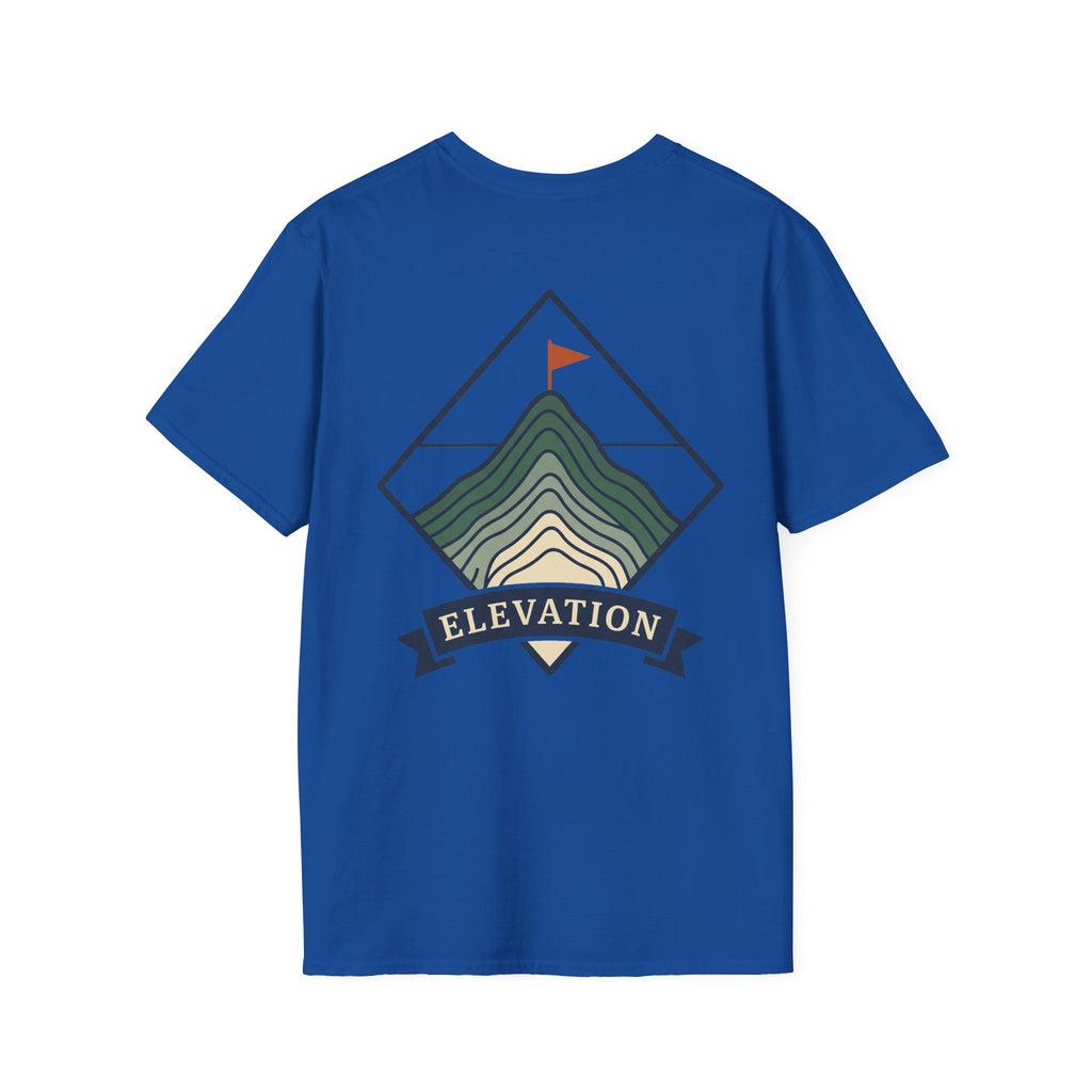 Royal blue T-shirt with colored mountain elevation graphic and 'ELEVATION' banner