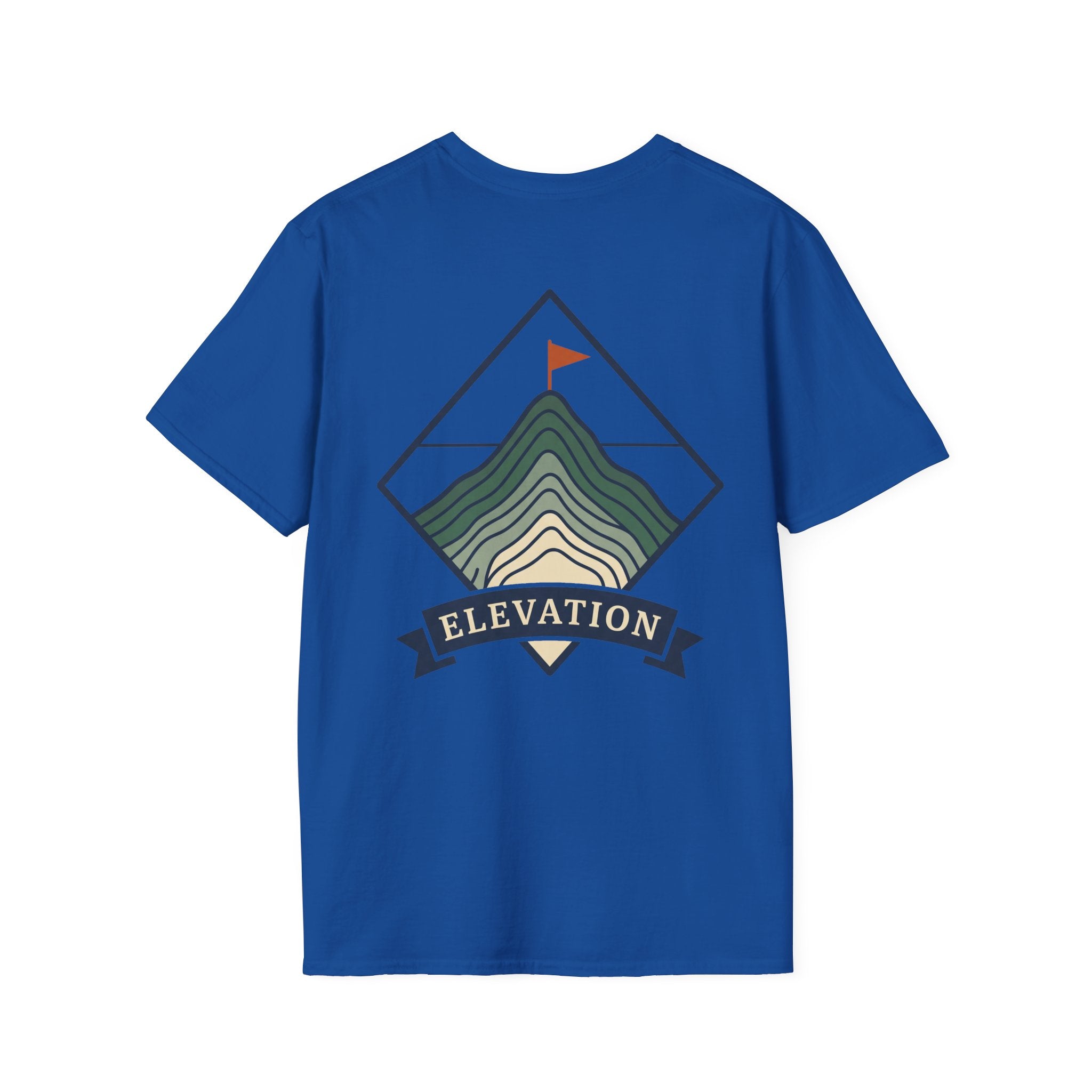 Royal blue T-shirt with colored mountain elevation graphic and 'ELEVATION' banner