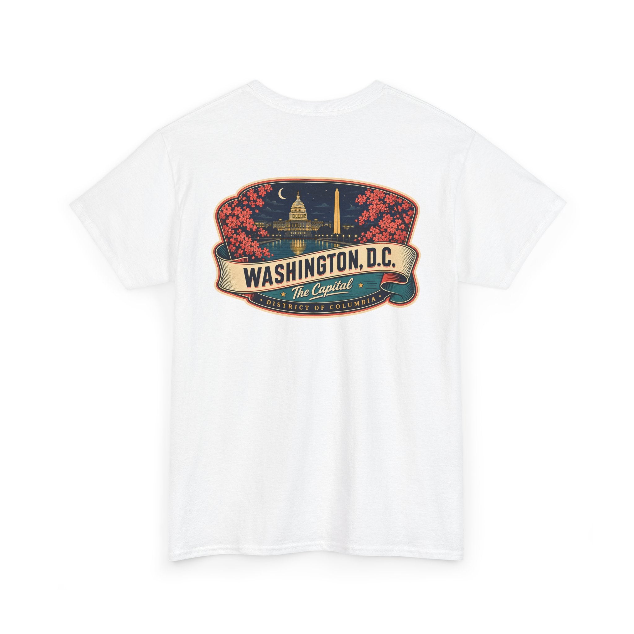 White T-shirt with large Washington, D.C. landmark badge graphic across the chest