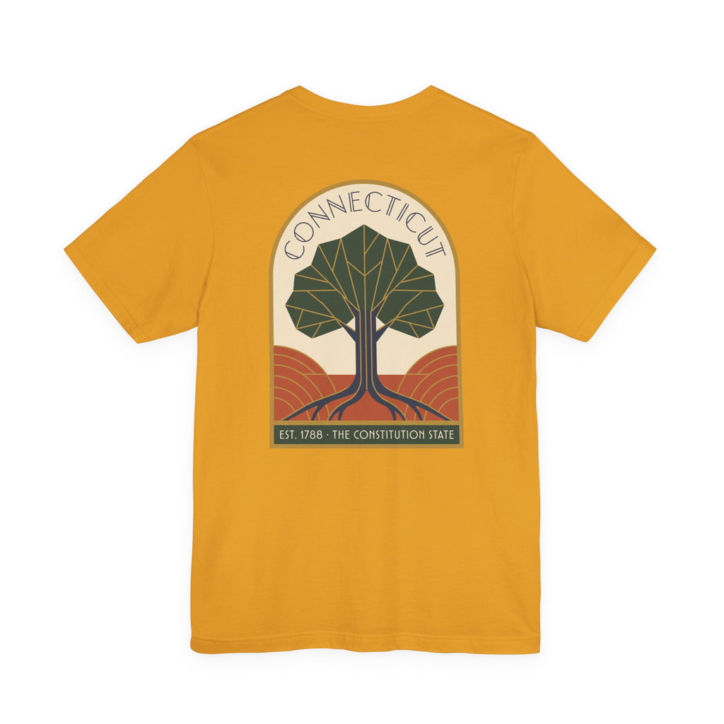 Connecticut tree graphic t-shirt, mustard, front emblem with tree and “Connecticut” text