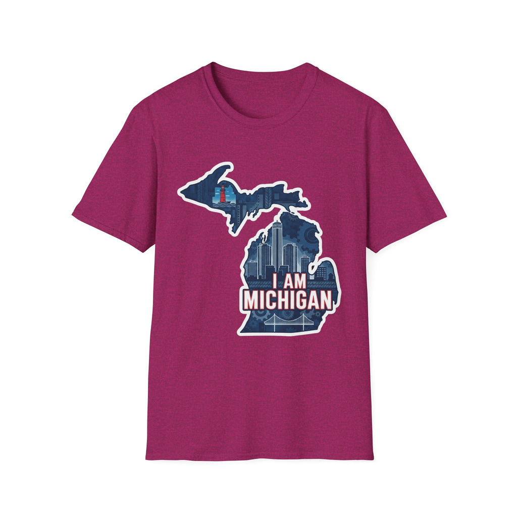 I Am Michigan T-shirt, burgundy crew neck with Michigan map skyline graphic