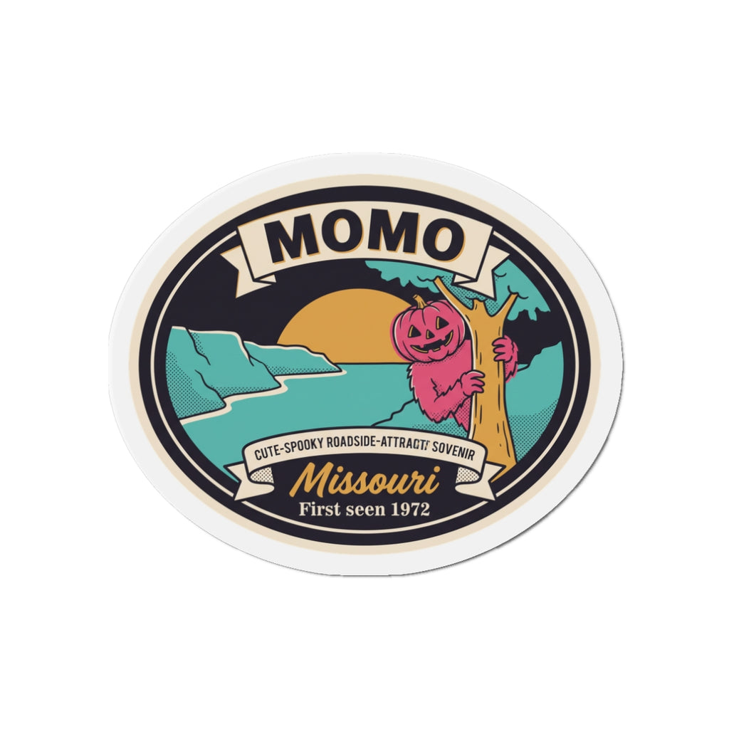 Round die-cut Momo roadside magnet featuring pumpkin jack-o-lantern and Missouri text