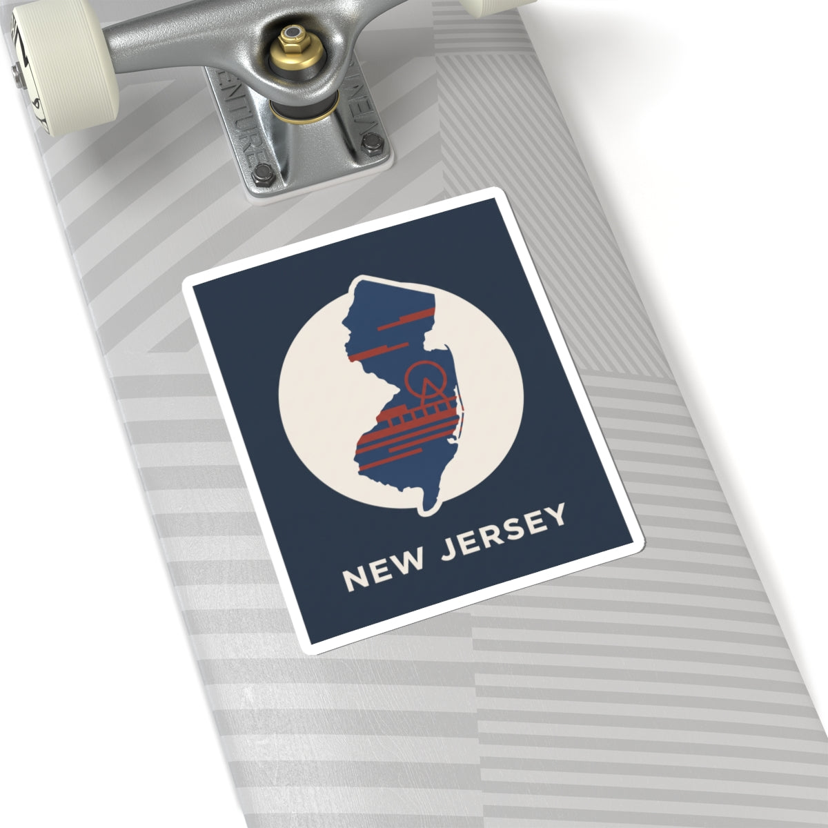 NJ map kiss-cut sticker with navy field, white circle, red-blue striped silhouette and text
