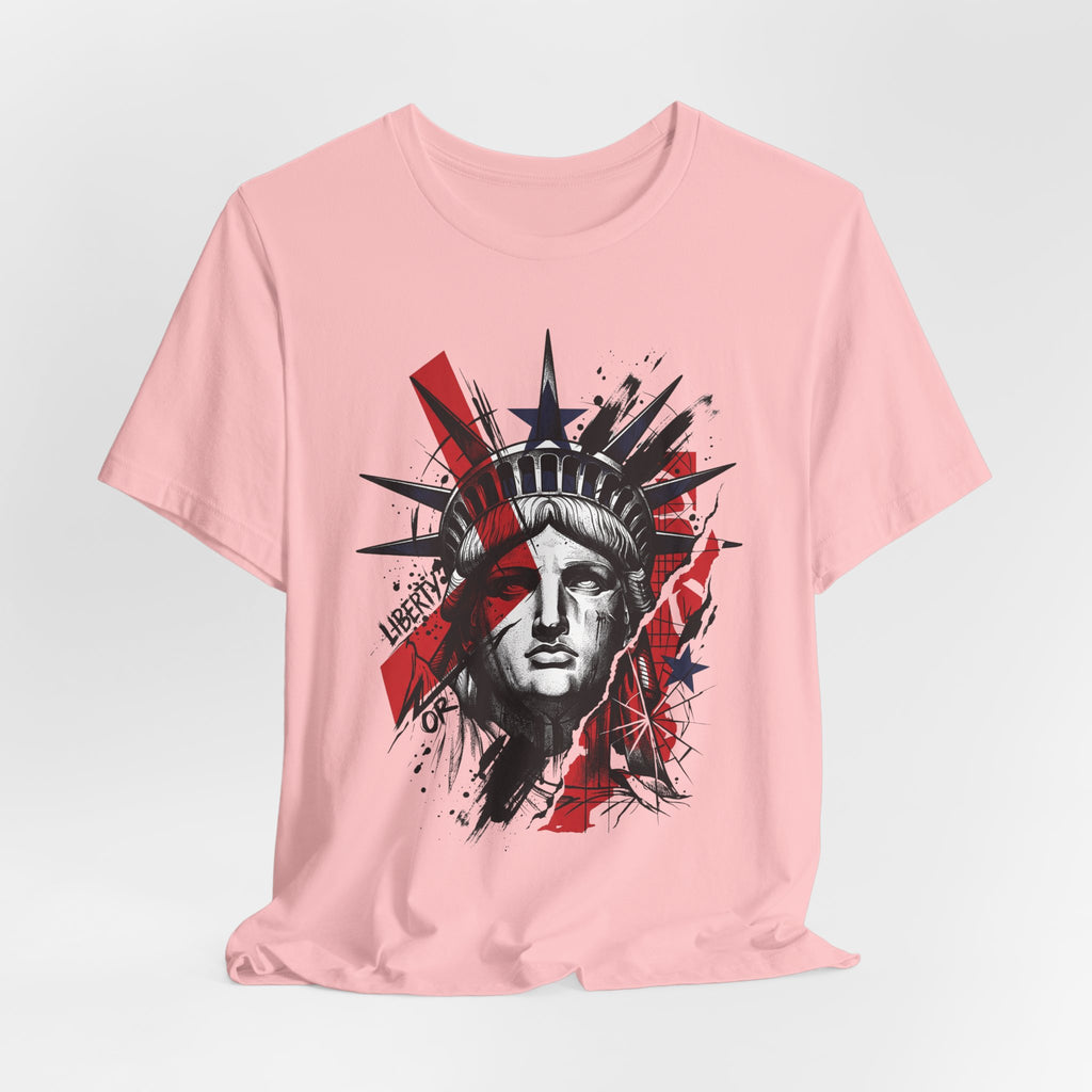 Pink graphic T-shirt with Liberty Statue face splash print