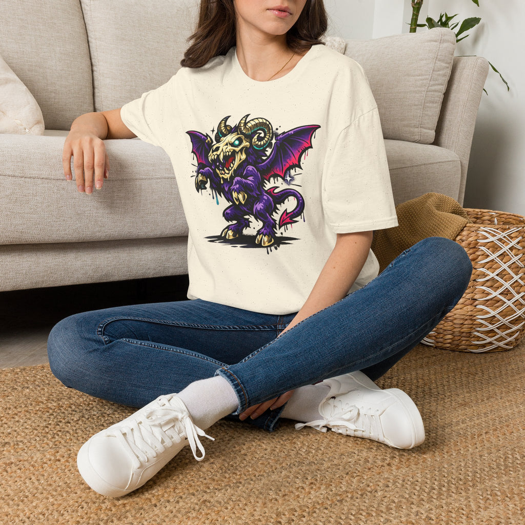 Cream crewneck graphic T-shirt with purple bat-skull ram creature