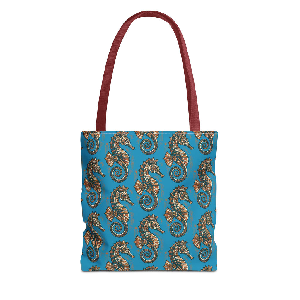Ocean-blue tote bag with steampunk seahorse and gear all-over print, burgundy handles