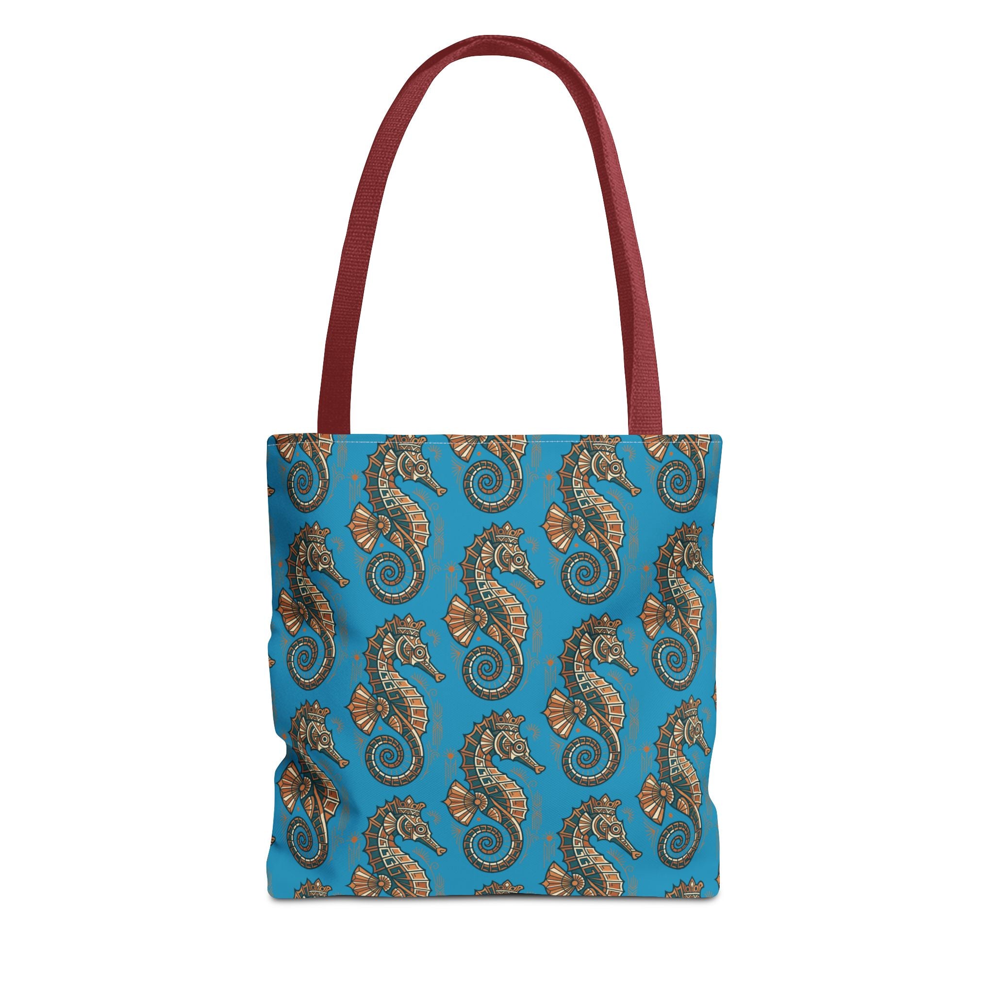 Ocean-blue tote bag with steampunk seahorse and gear all-over print, burgundy handles