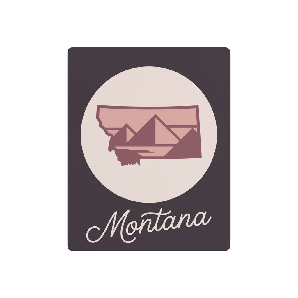 Mauve Montana silhouette metal wall art with cursive script, square dark plaque