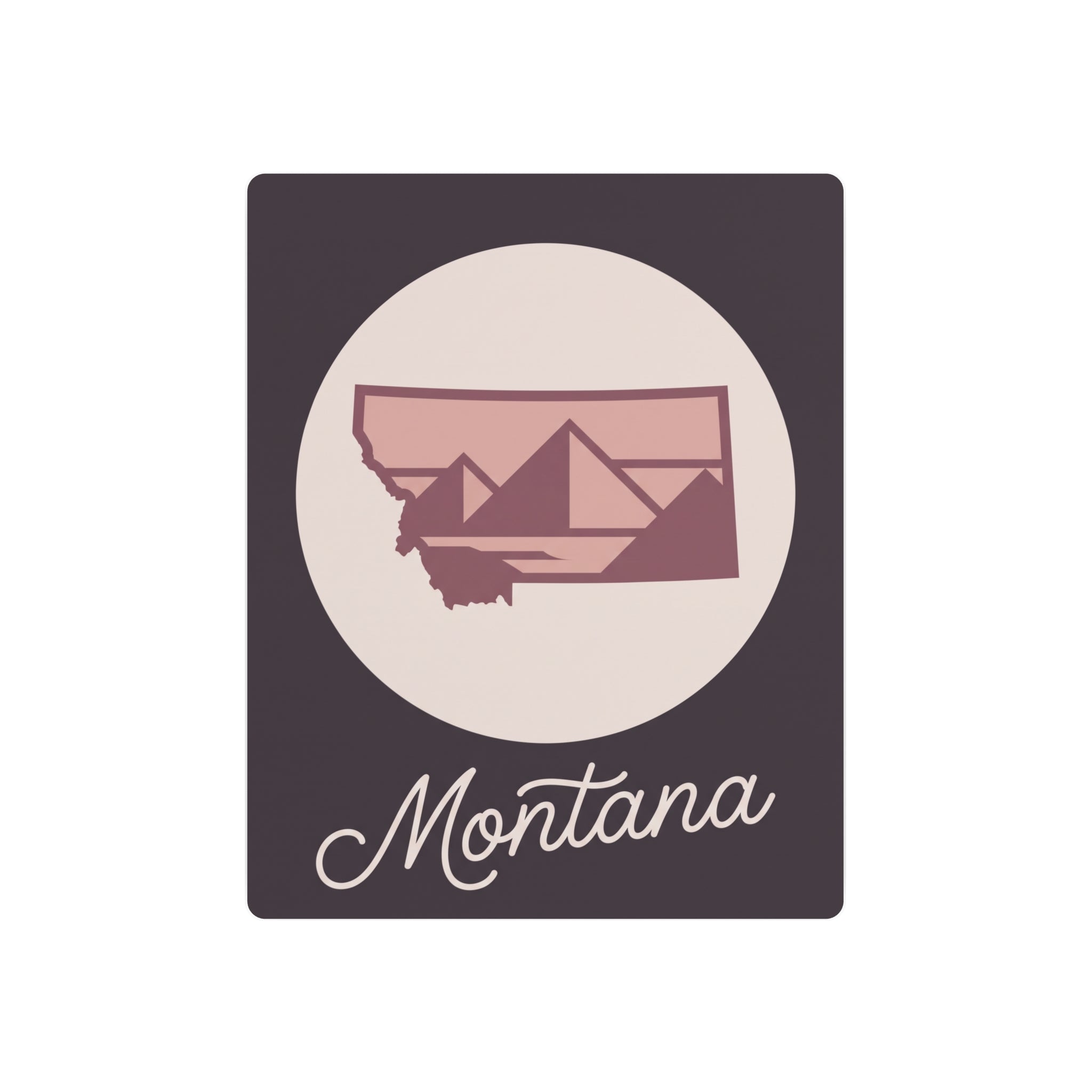 Mauve Montana silhouette metal wall art with cursive script, square dark plaque