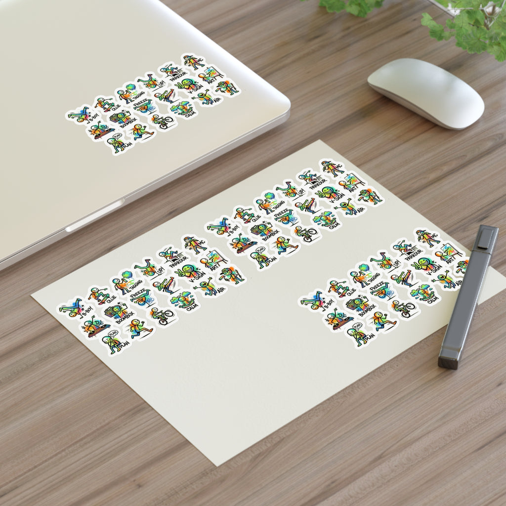 Cute character sticker sheet with small die-cut activity icons, multiple rows on sheet