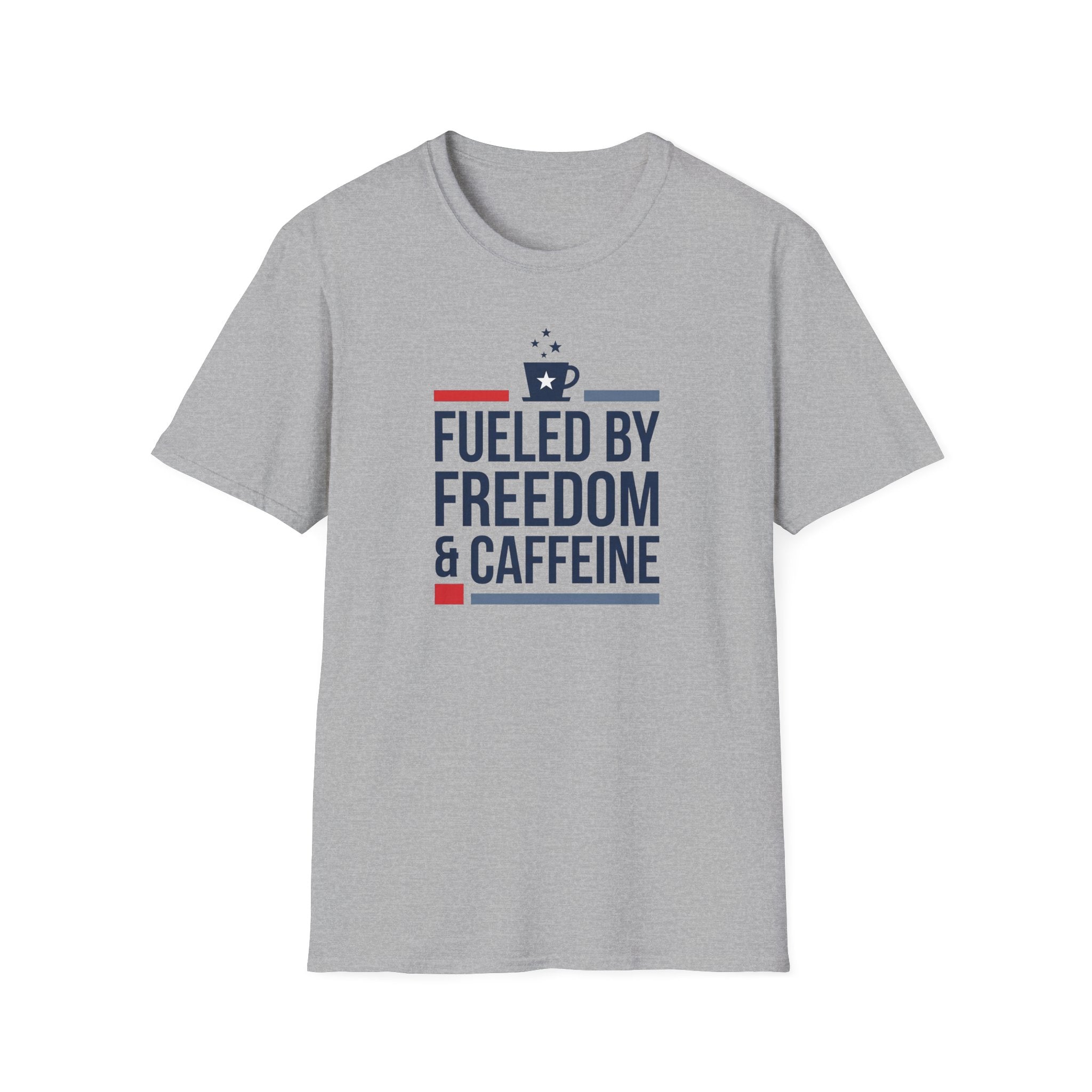 Light gray crew-neck T-shirt with front graphic and text “Fueled by Freedom & Caffeine”