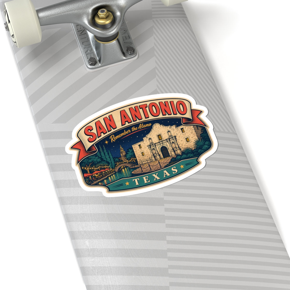 San Antonio luggage tag sticker on a gray striped luggage panel with Alamo and TEXAS