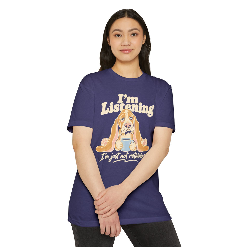 Basset hound T-shirt in navy blue with “I'm Listening” basset graphic on front