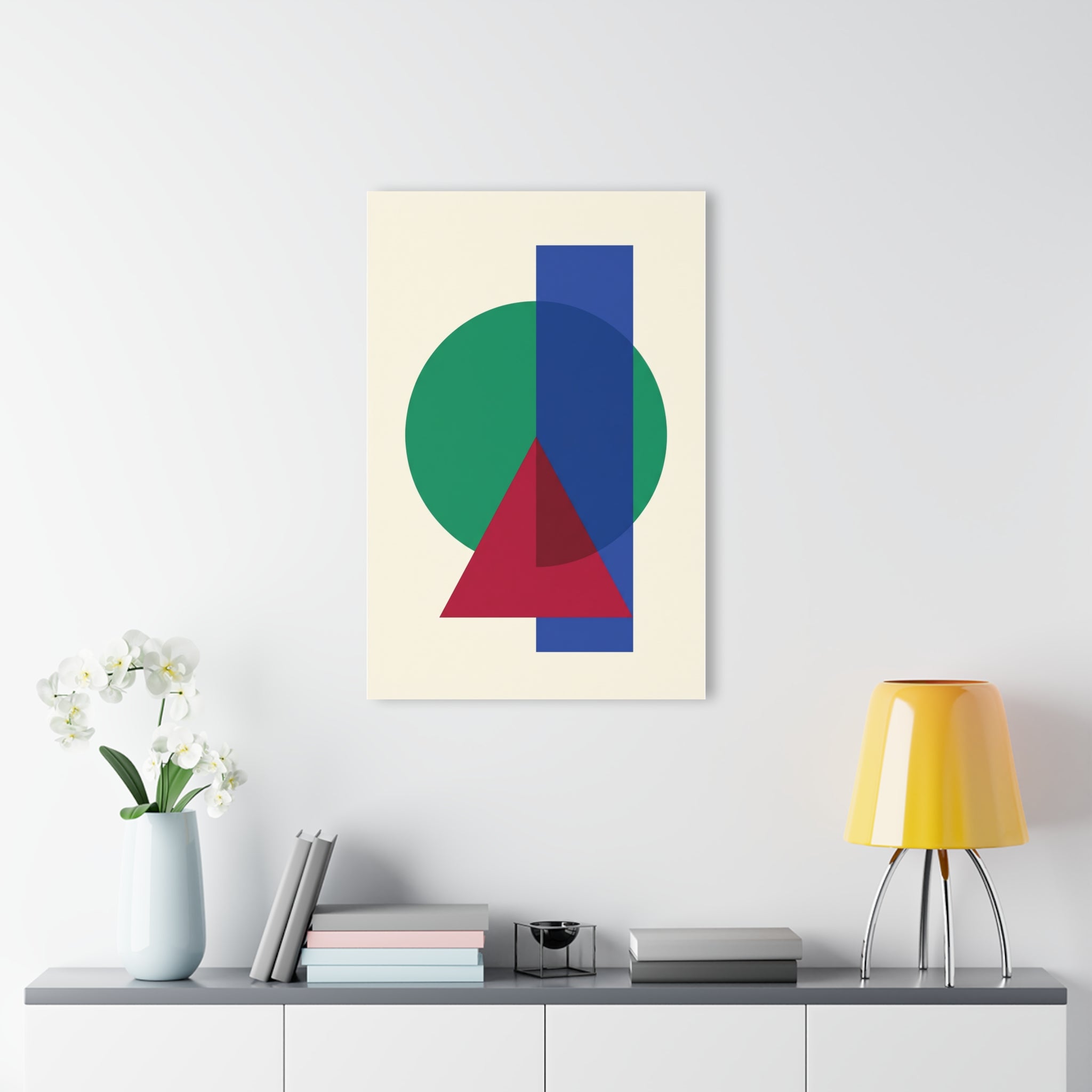Abstract geometric wall art: green circle, blue vertical blocks, red triangle
