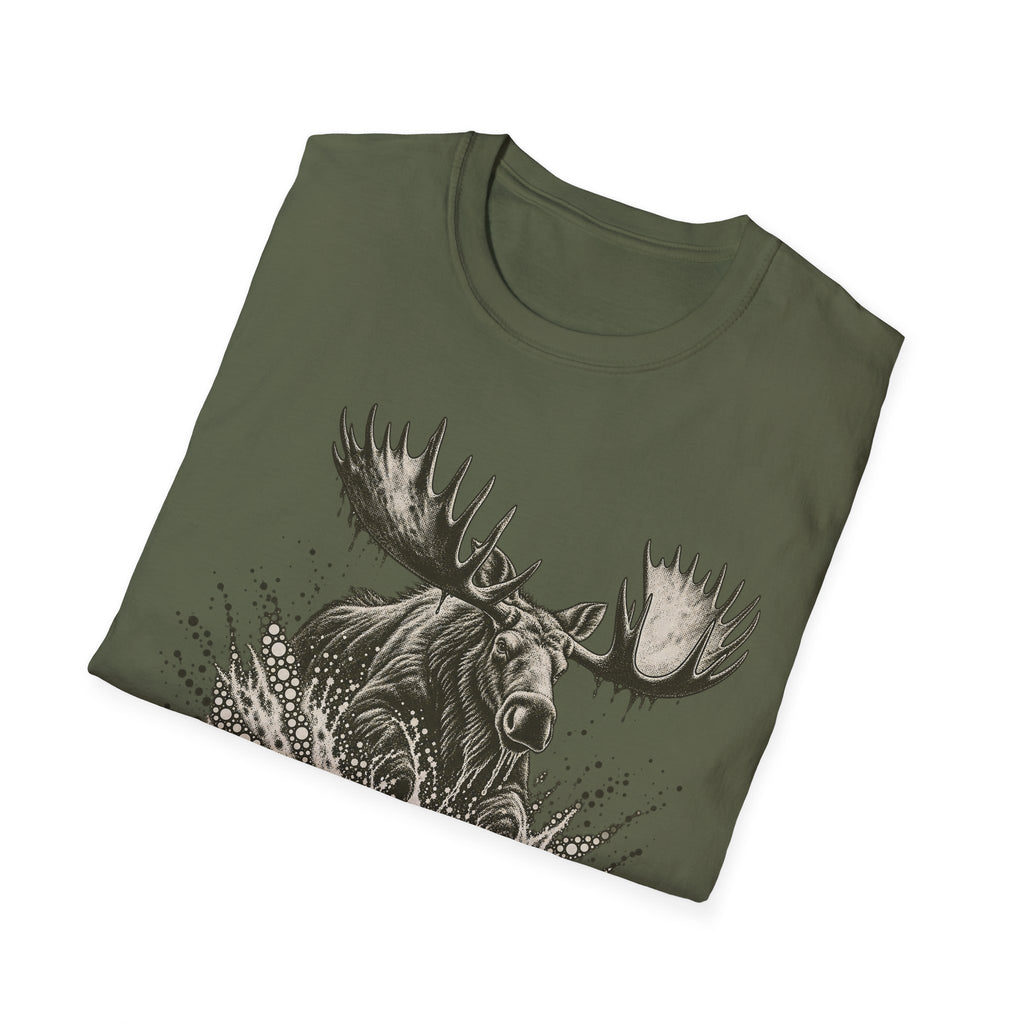 Dark green moose graphic T-shirt with roaring bull moose and antlers print