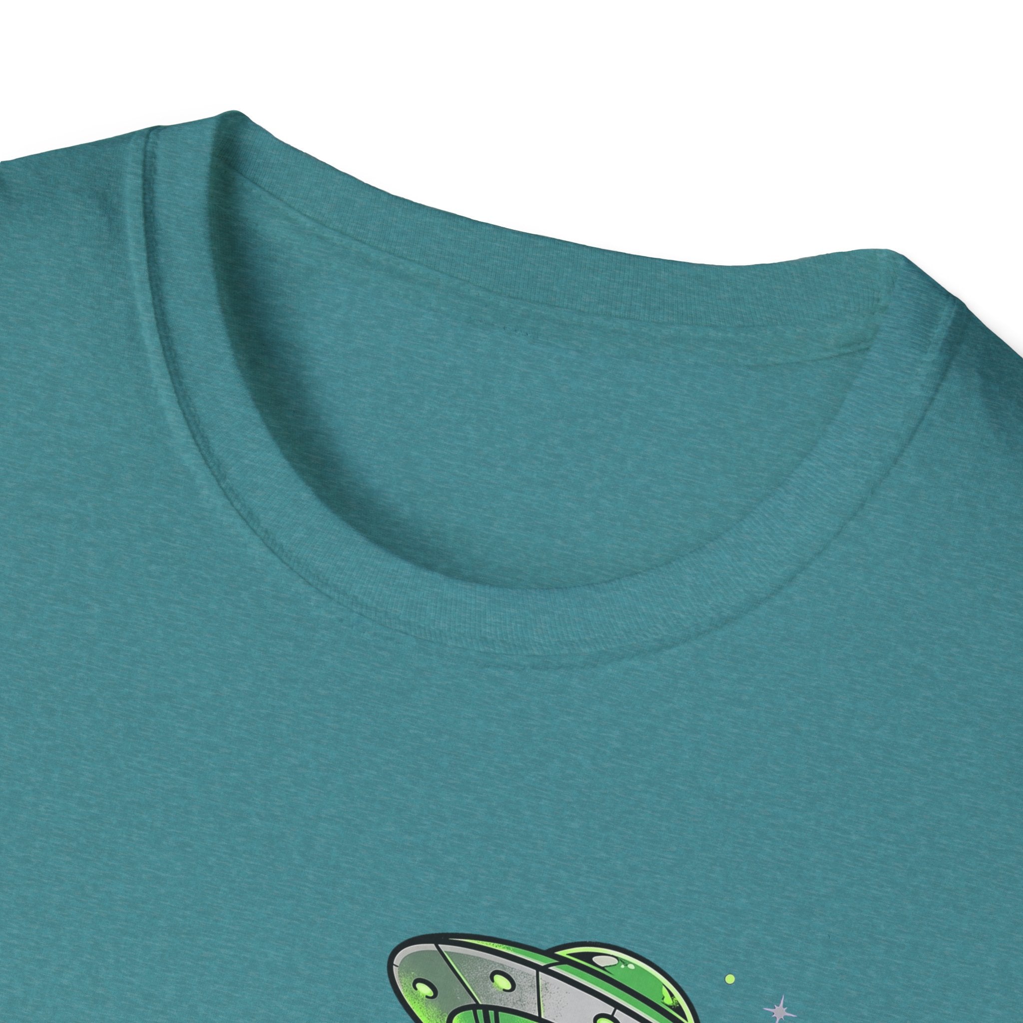 Teal T-shirt neckline and partial green UFO tractor beam graphic