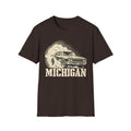 Dark brown T-shirt with vintage car graphic and “MICHIGAN” text print