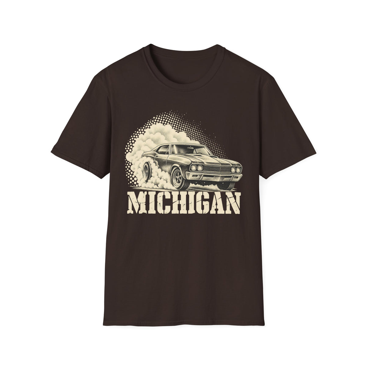 Dark brown T-shirt with vintage car graphic and “MICHIGAN” text print