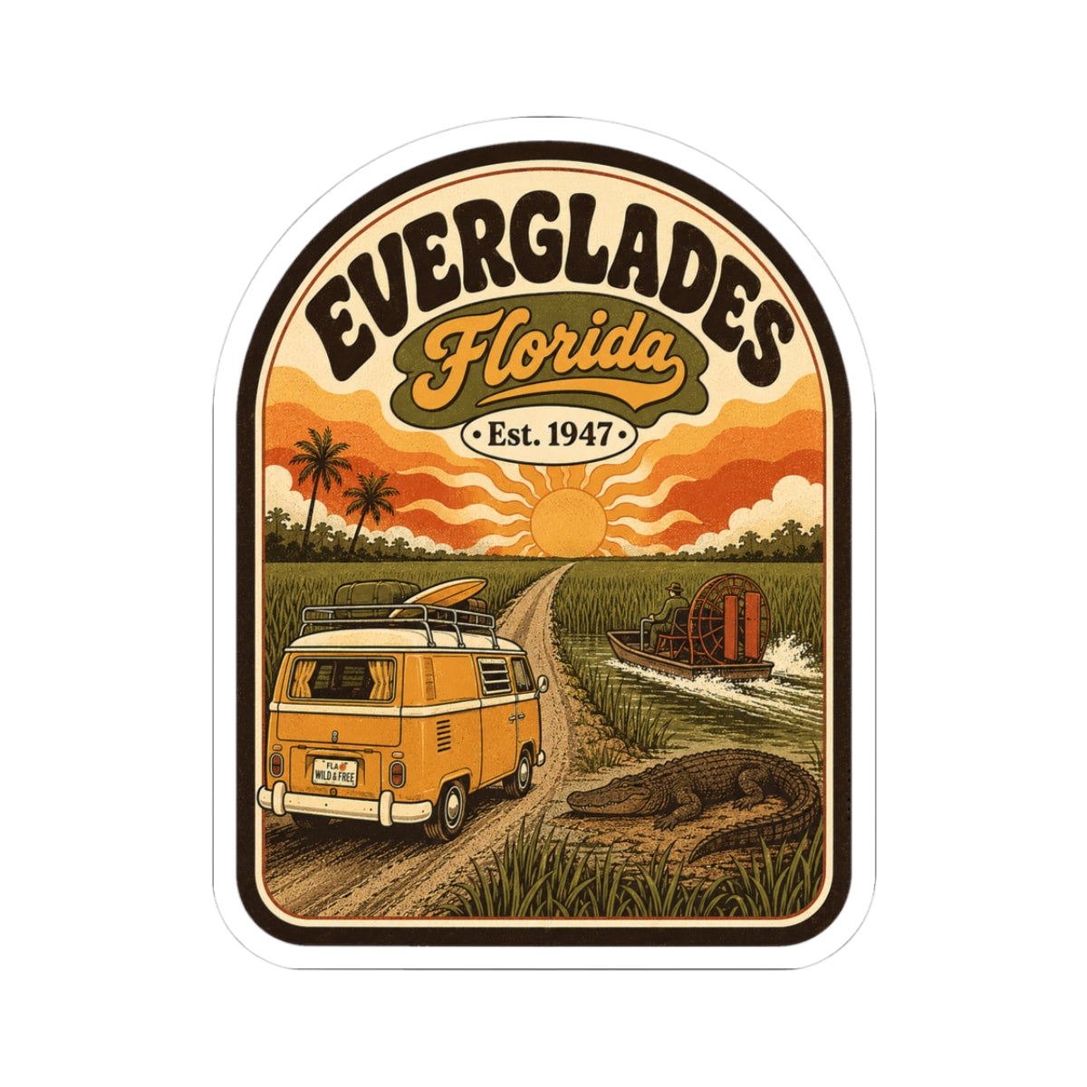 Everglades Florida vintage camper sticker with orange van, sunset sky, and wildlife path border