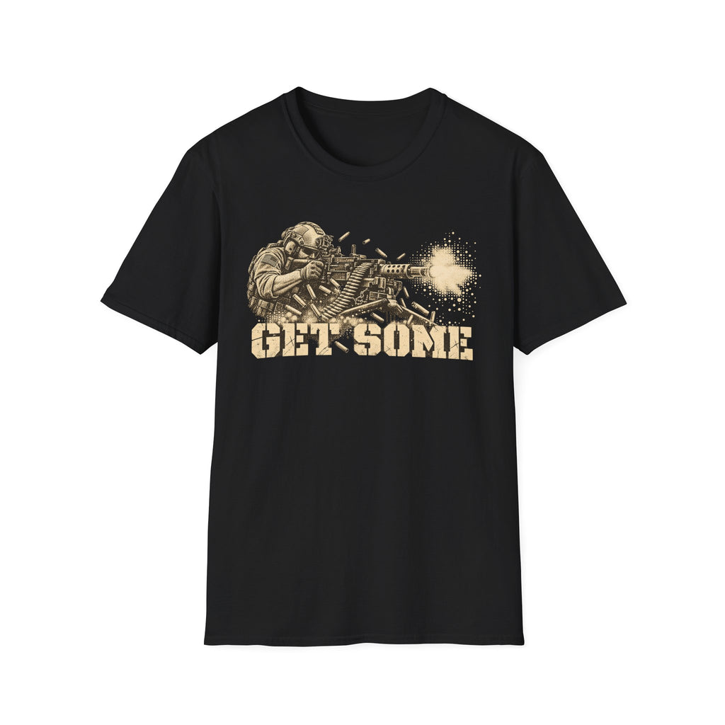 Black crewneck graphic T-shirt with vintage soldier and gun print