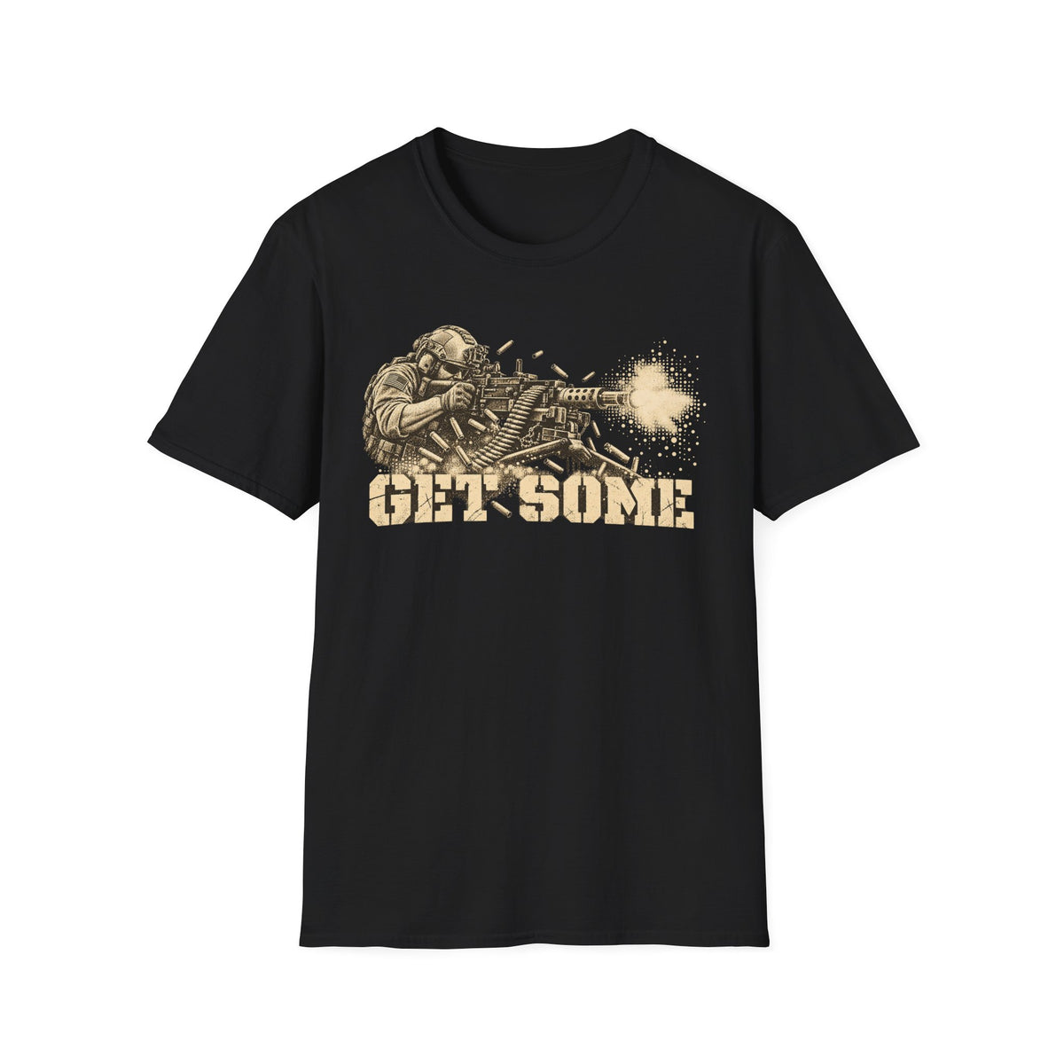 Black crewneck graphic T-shirt with vintage soldier and gun print