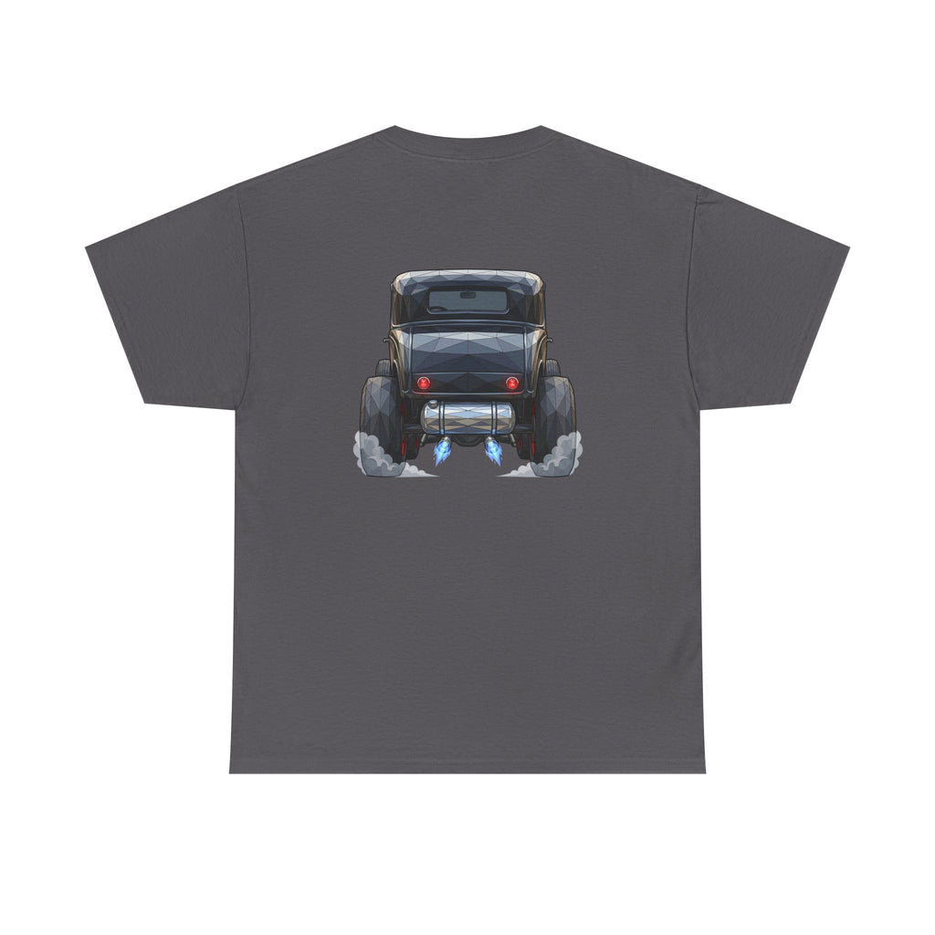 Charcoal graphic T-shirt with vintage hot rod front and rear illustration