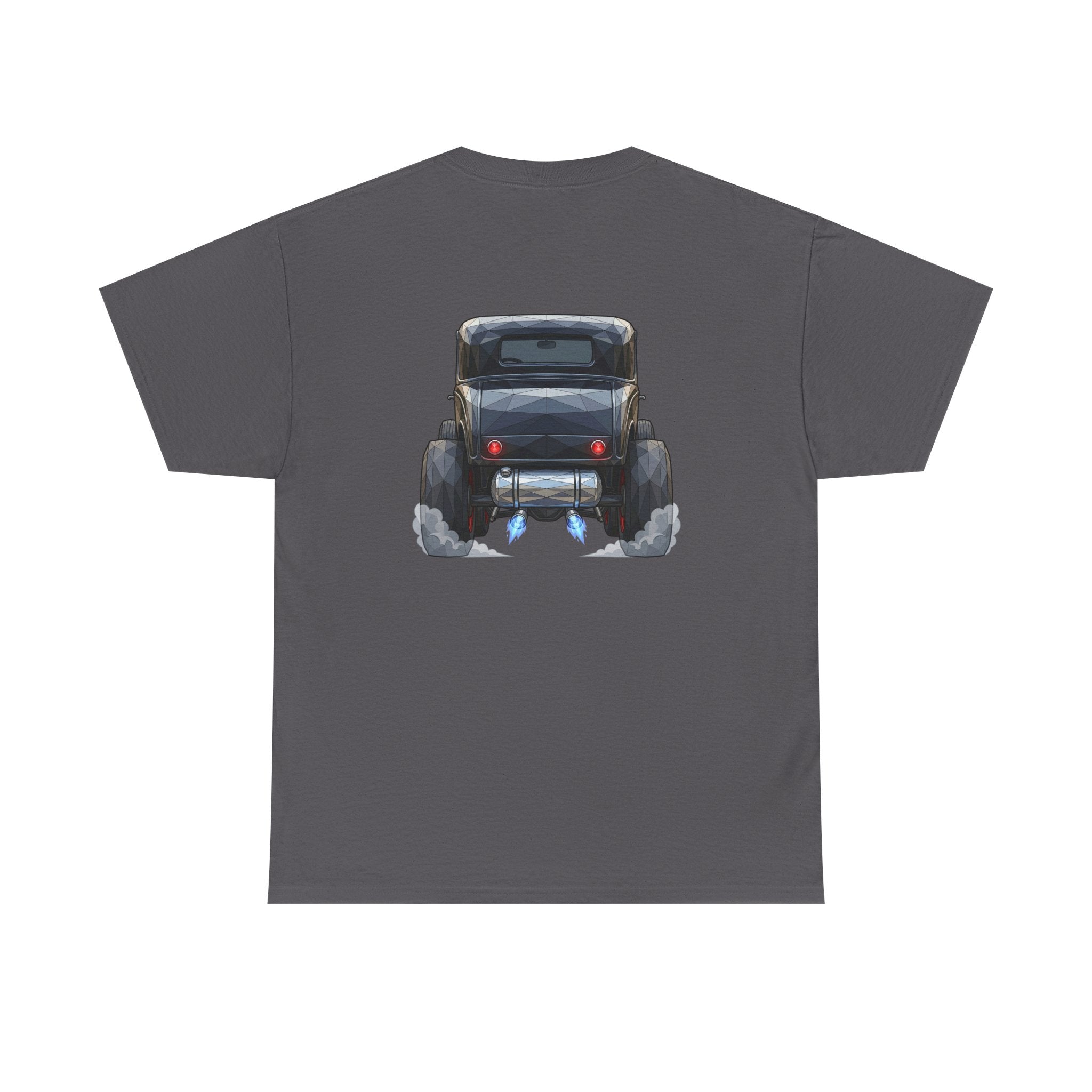 Charcoal graphic T-shirt with vintage hot rod front and rear illustration