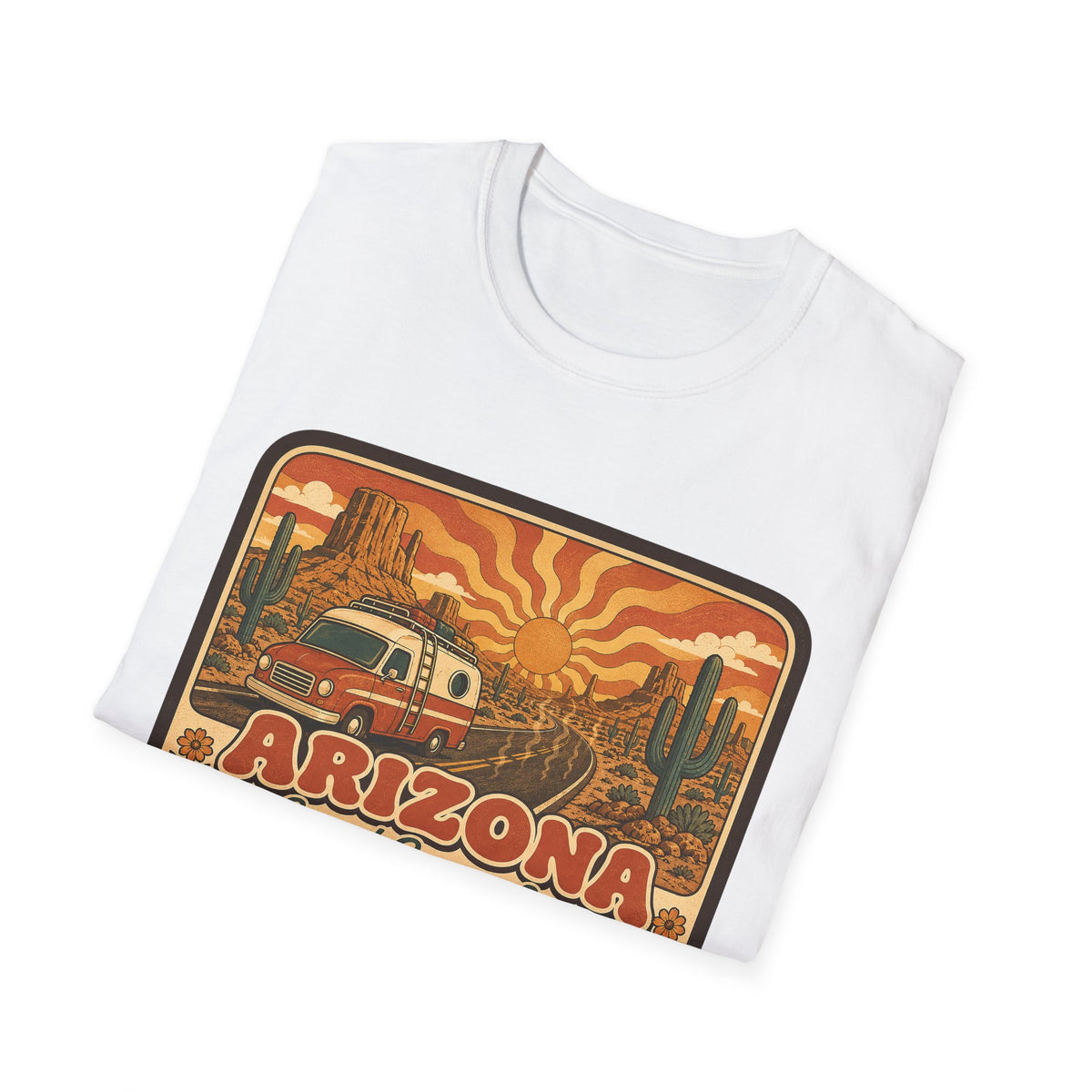 White unisex graphic T-shirt with Arizona desert van and cactus print