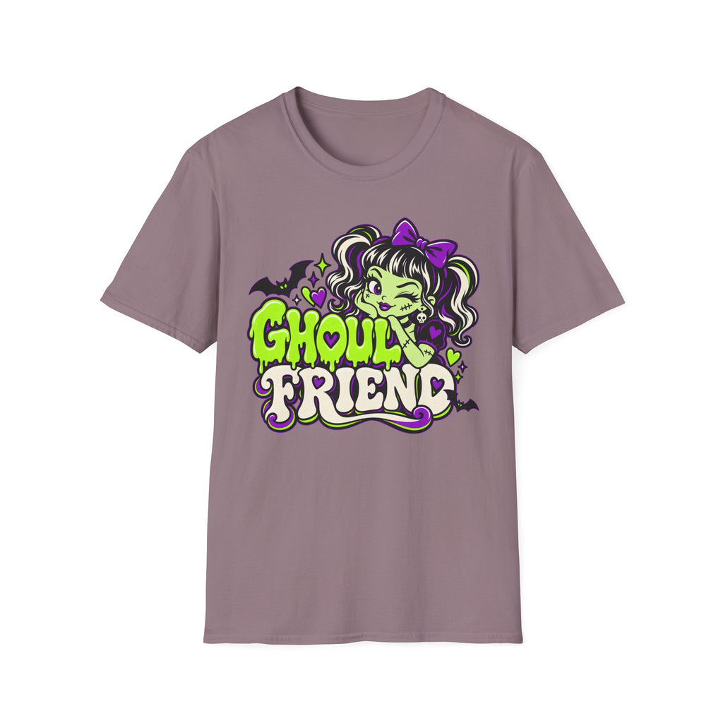 Dark heather T-shirt with colorful ghoul graphic and “Ghoul Friend” lettering