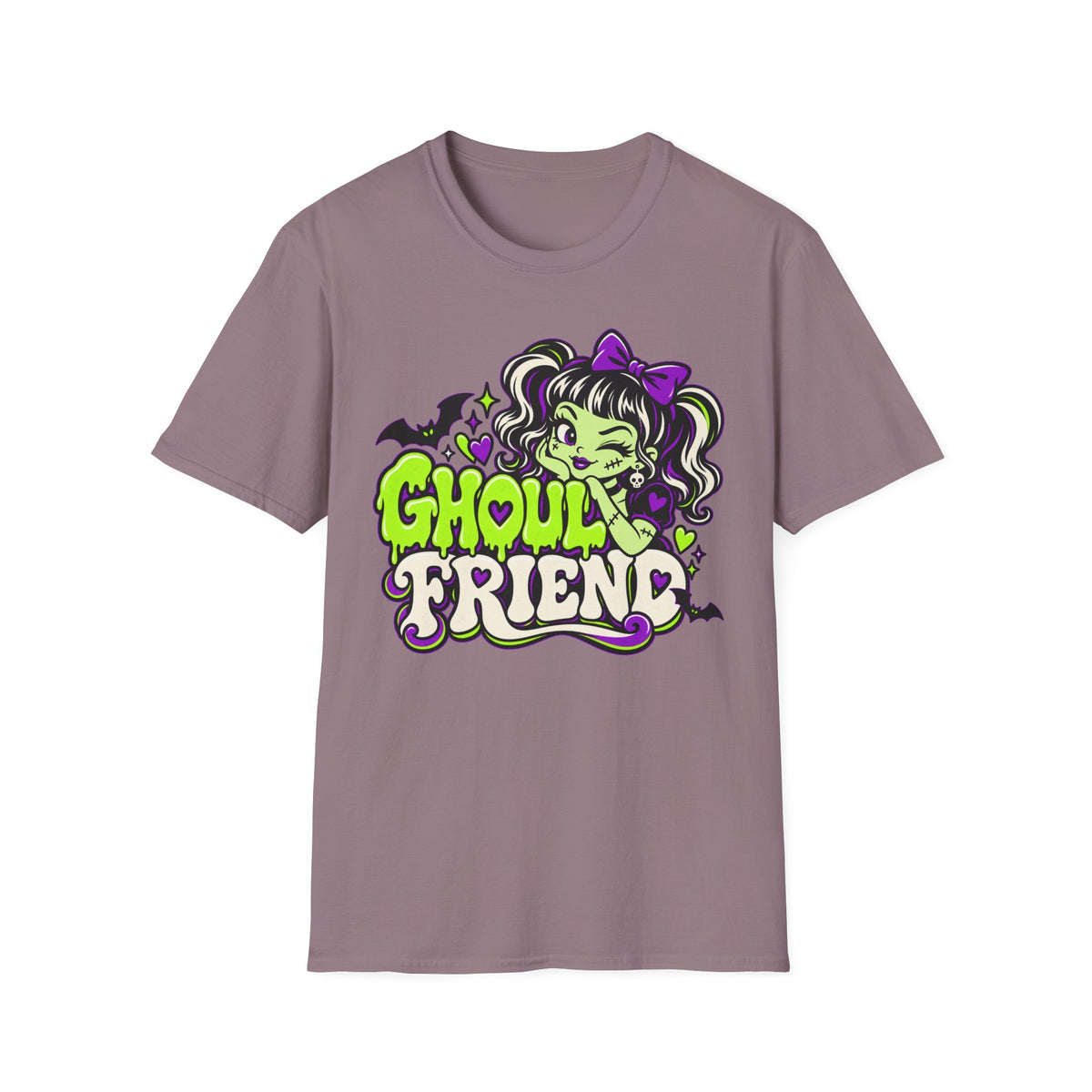 Dark heather T-shirt with colorful ghoul graphic and “Ghoul Friend” lettering