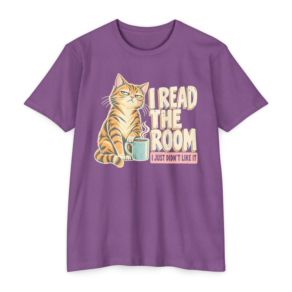 Purple crew-neck short-sleeve cat T-shirt with “I Read the Room” graphic and mug