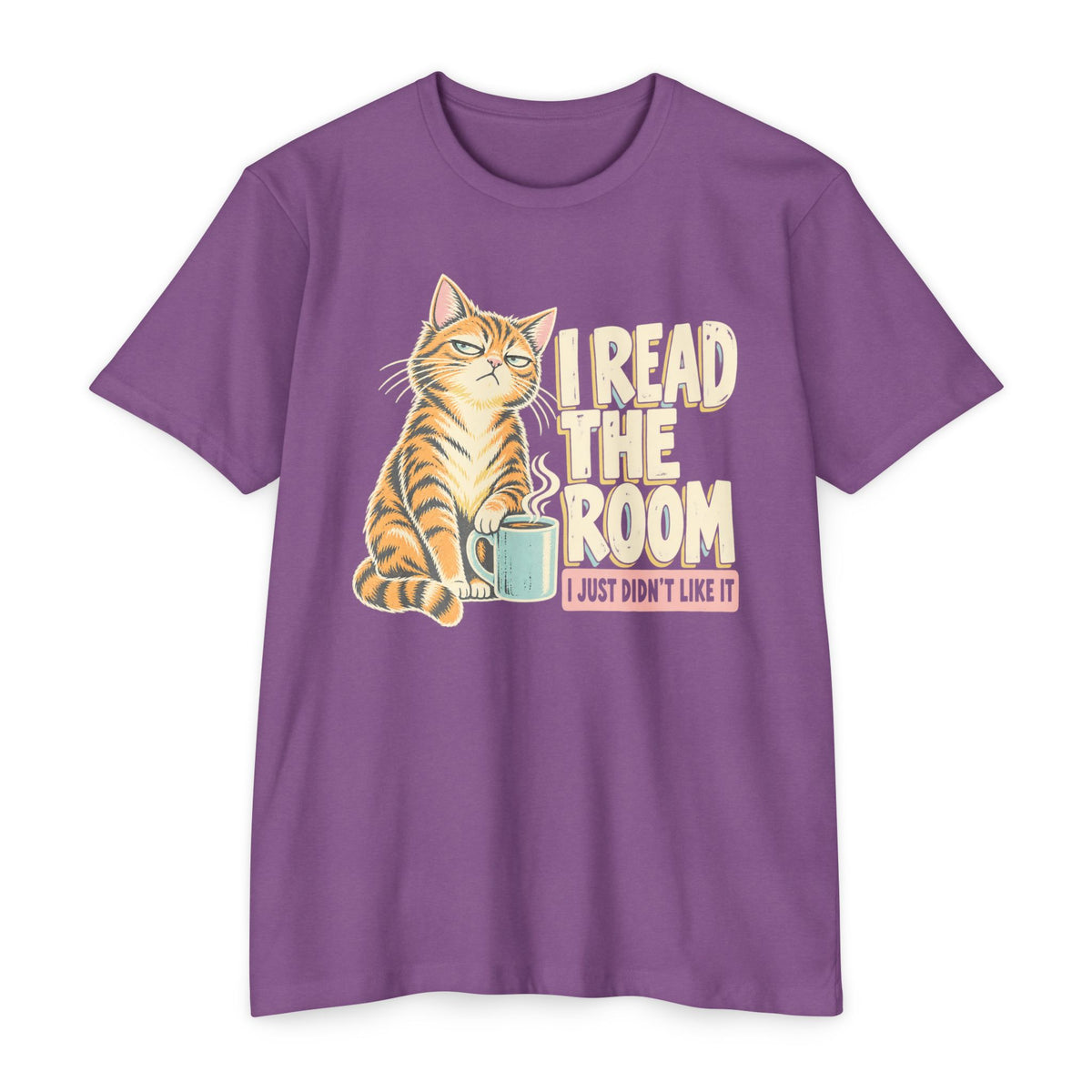 Purple crew-neck short-sleeve cat T-shirt with “I Read the Room” graphic and mug