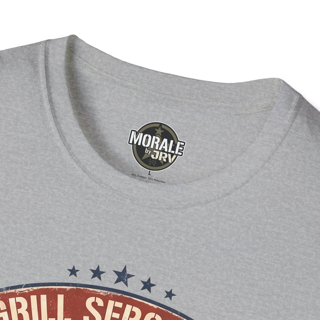 Sport grey T-shirt neckline and partial vintage BBQ stars graphic