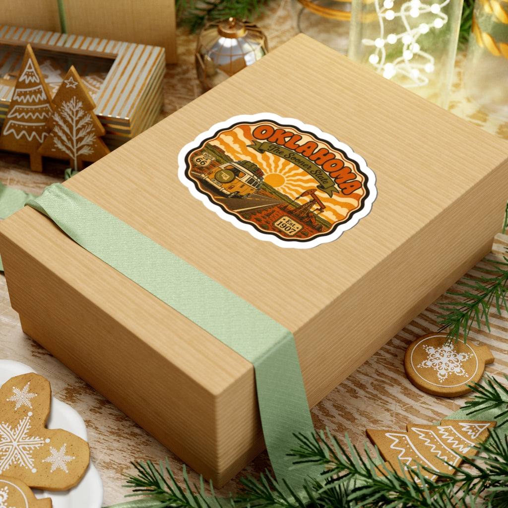 OKLAHOMA Route 66 van sticker decal centered on a gift box lid with white kiss-cut border.