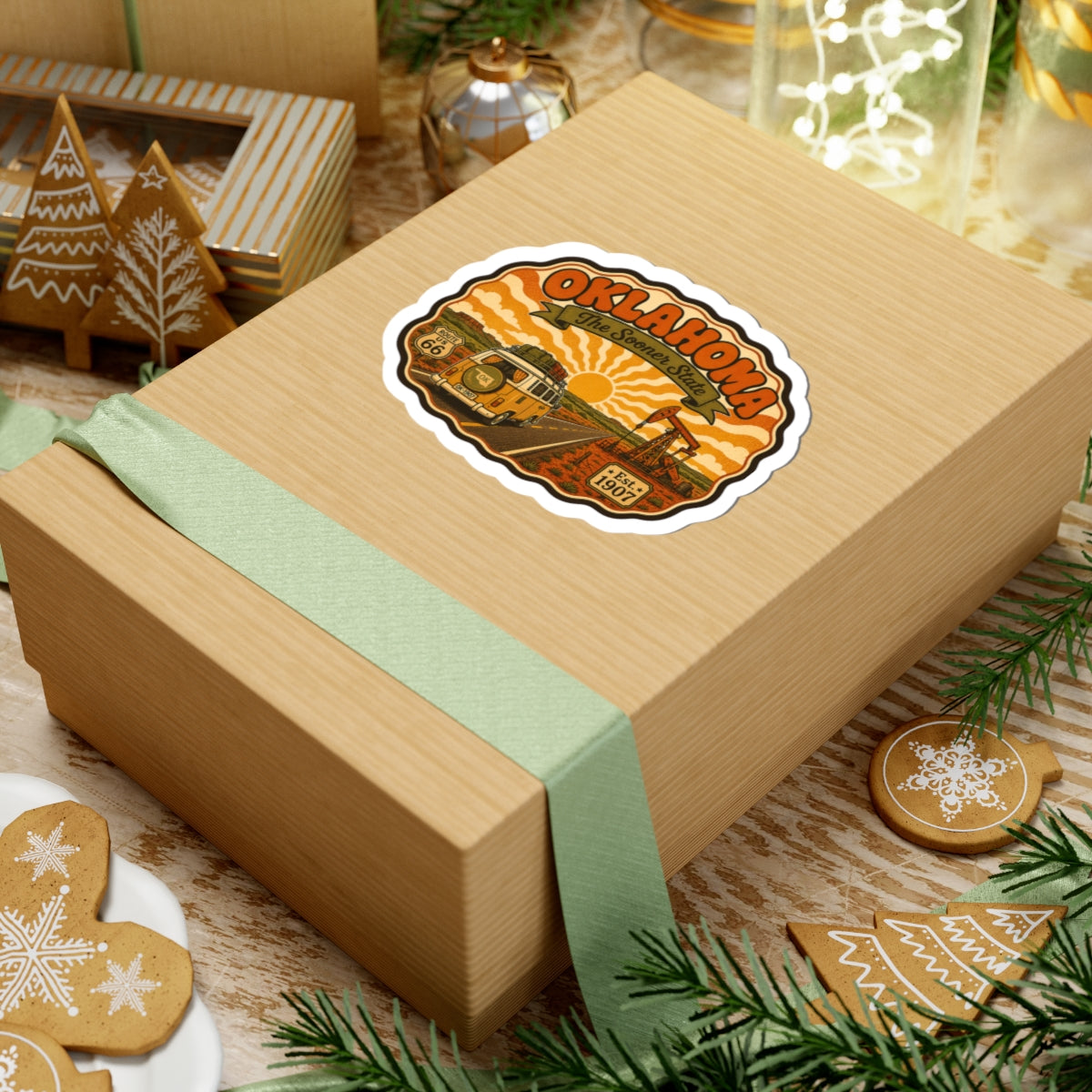 OKLAHOMA Route 66 van sticker decal centered on a gift box lid with white kiss-cut border.