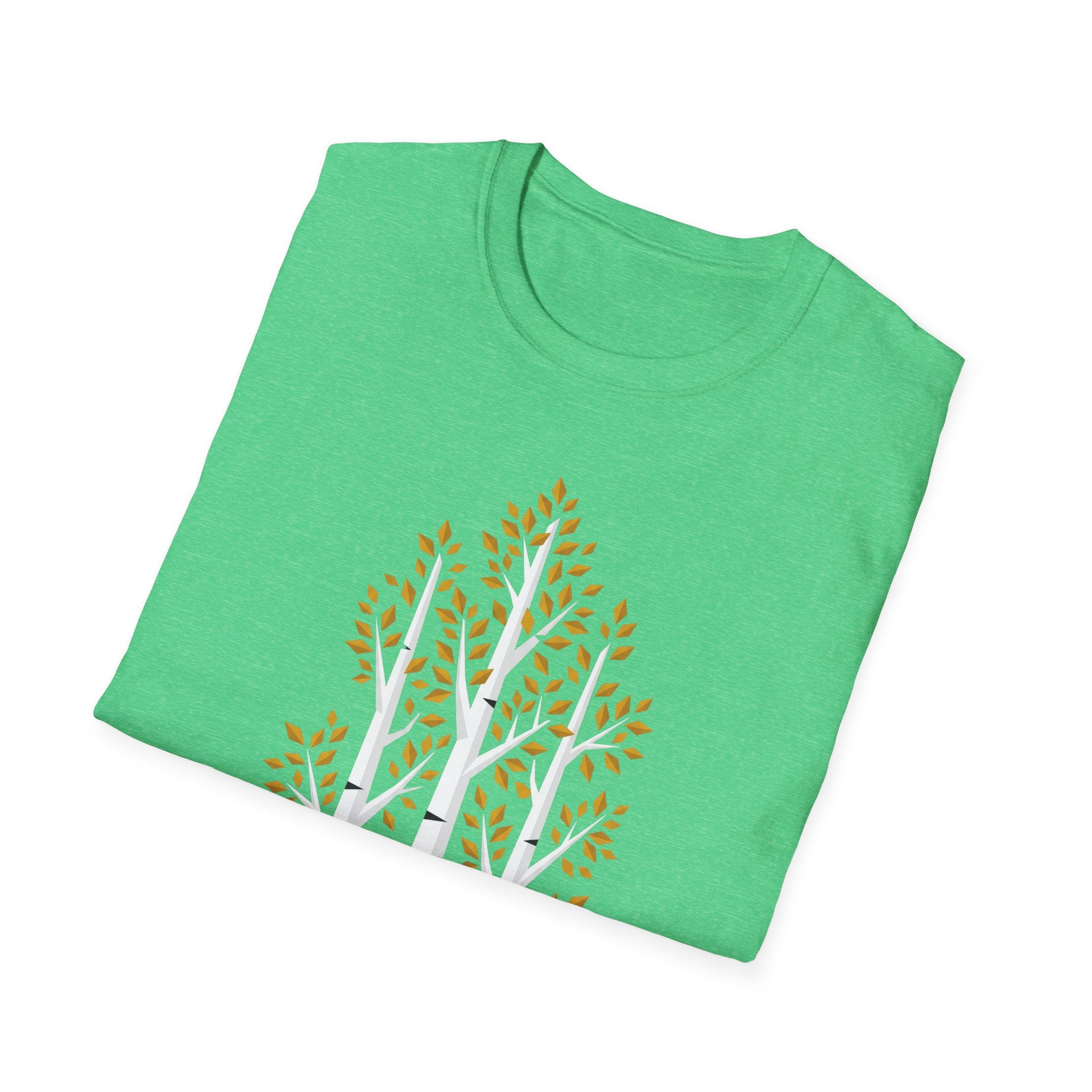 Green T-shirt with birch tree forest graphic: white trunks and gold autumn leaves