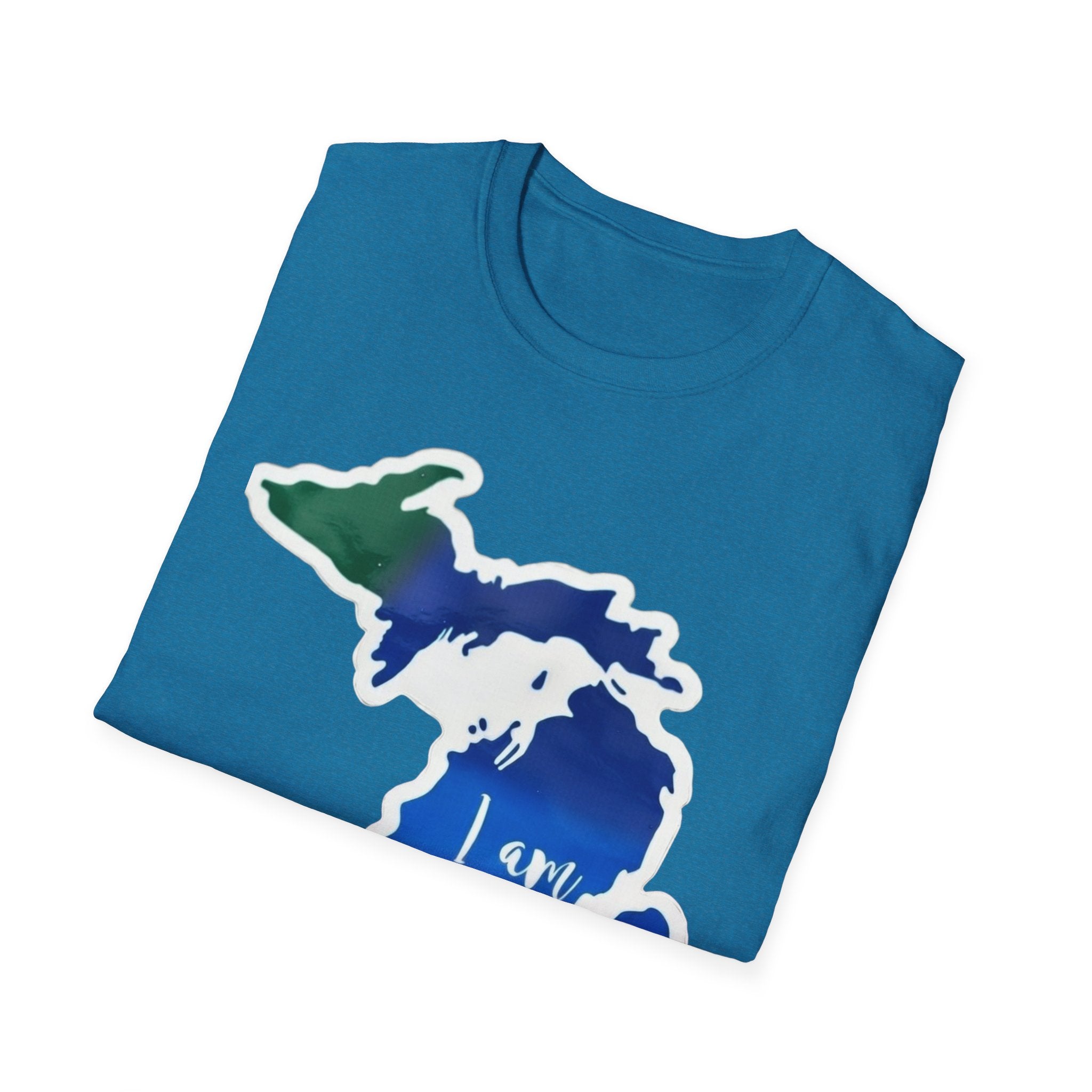 Teal T-shirt folded top view featuring Michigan map heart graphic