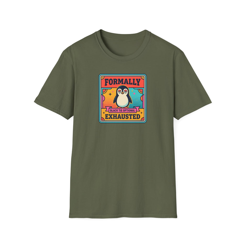 Dark green crew-neck T-shirt with rectangular penguin graphic on chest.