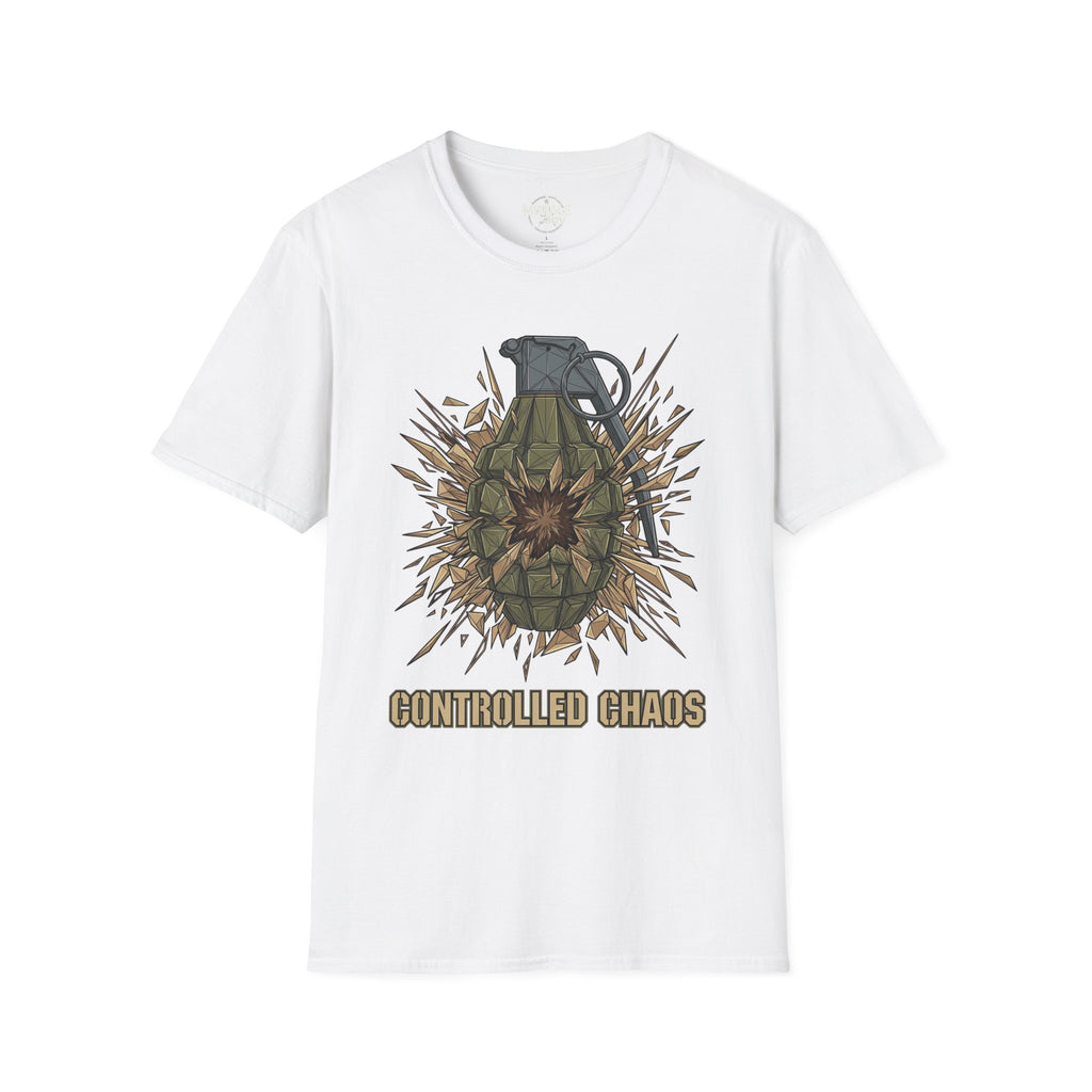 White T-shirt with controlled chaos grenade explosion graphic