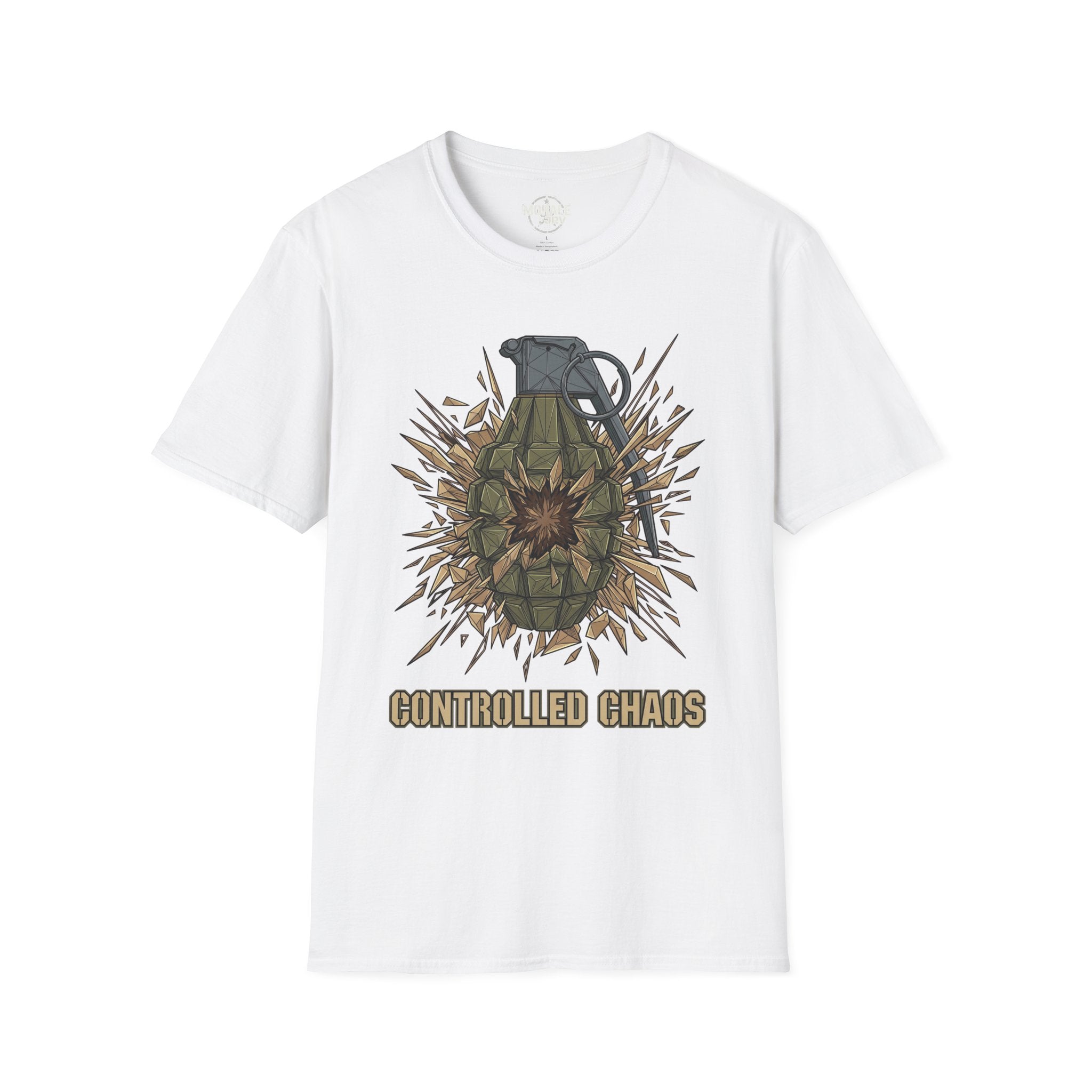 White T-shirt with controlled chaos grenade explosion graphic