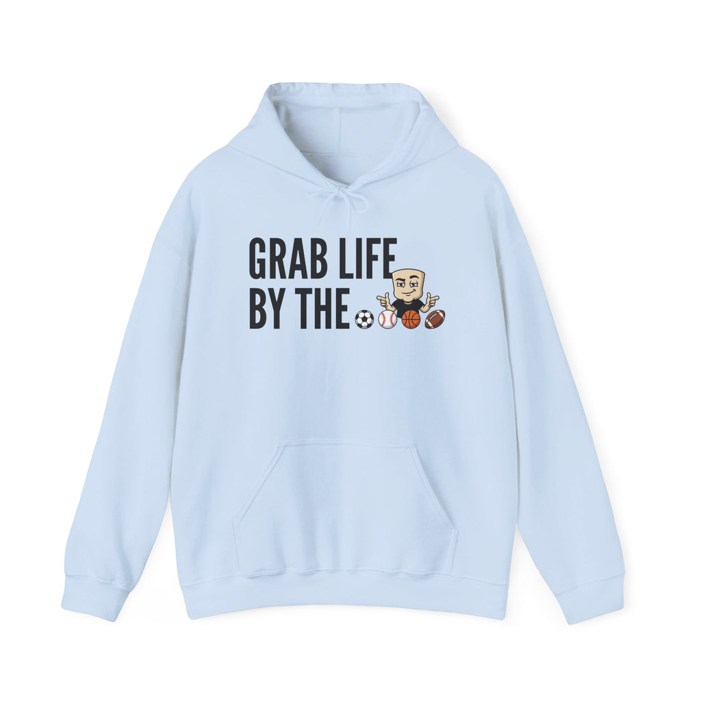 Light blue hoodie with front pocket and drawstring; "GRAB LIFE BY THE" sports graphic