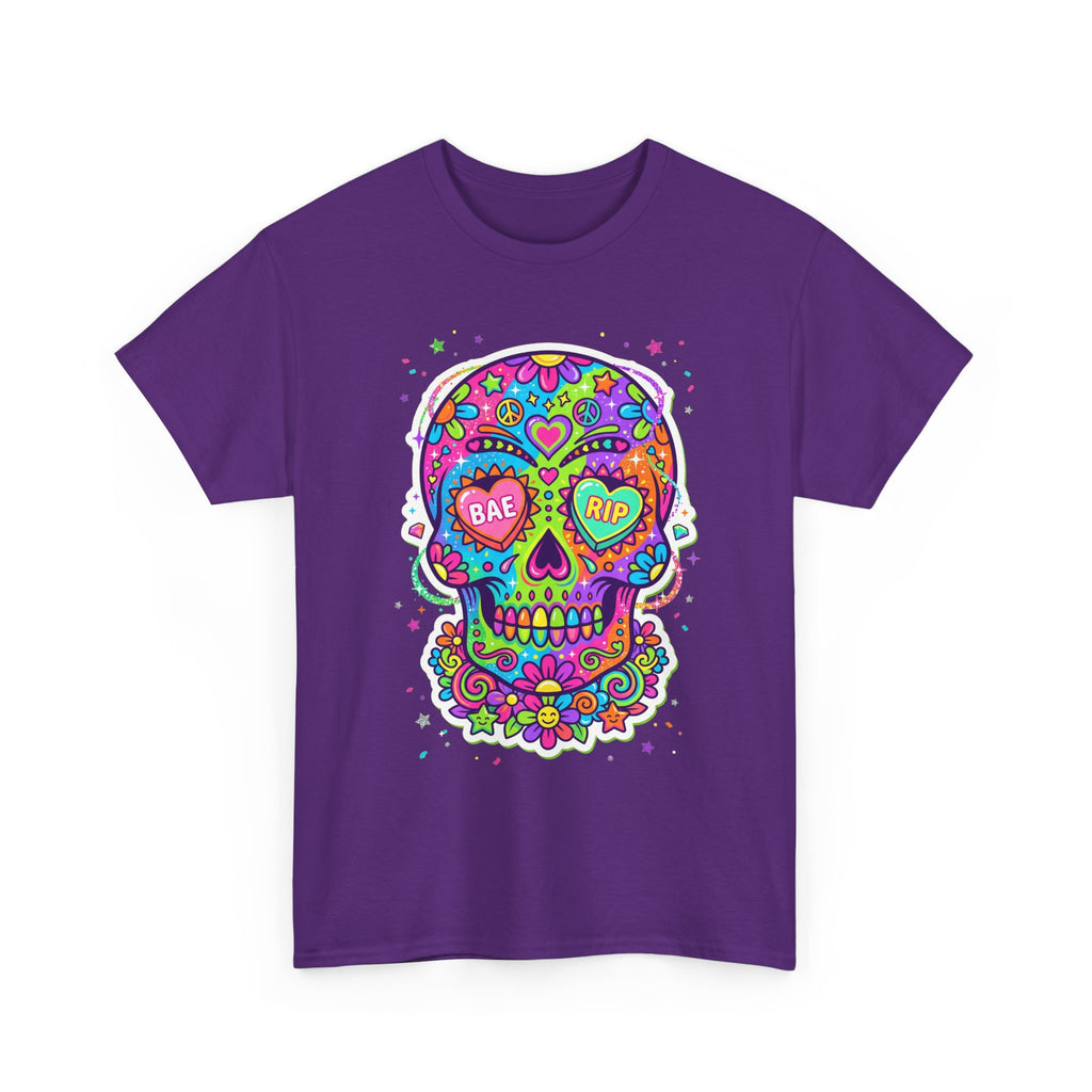 Purple T-shirt with colorful sugar skull graphic on front.