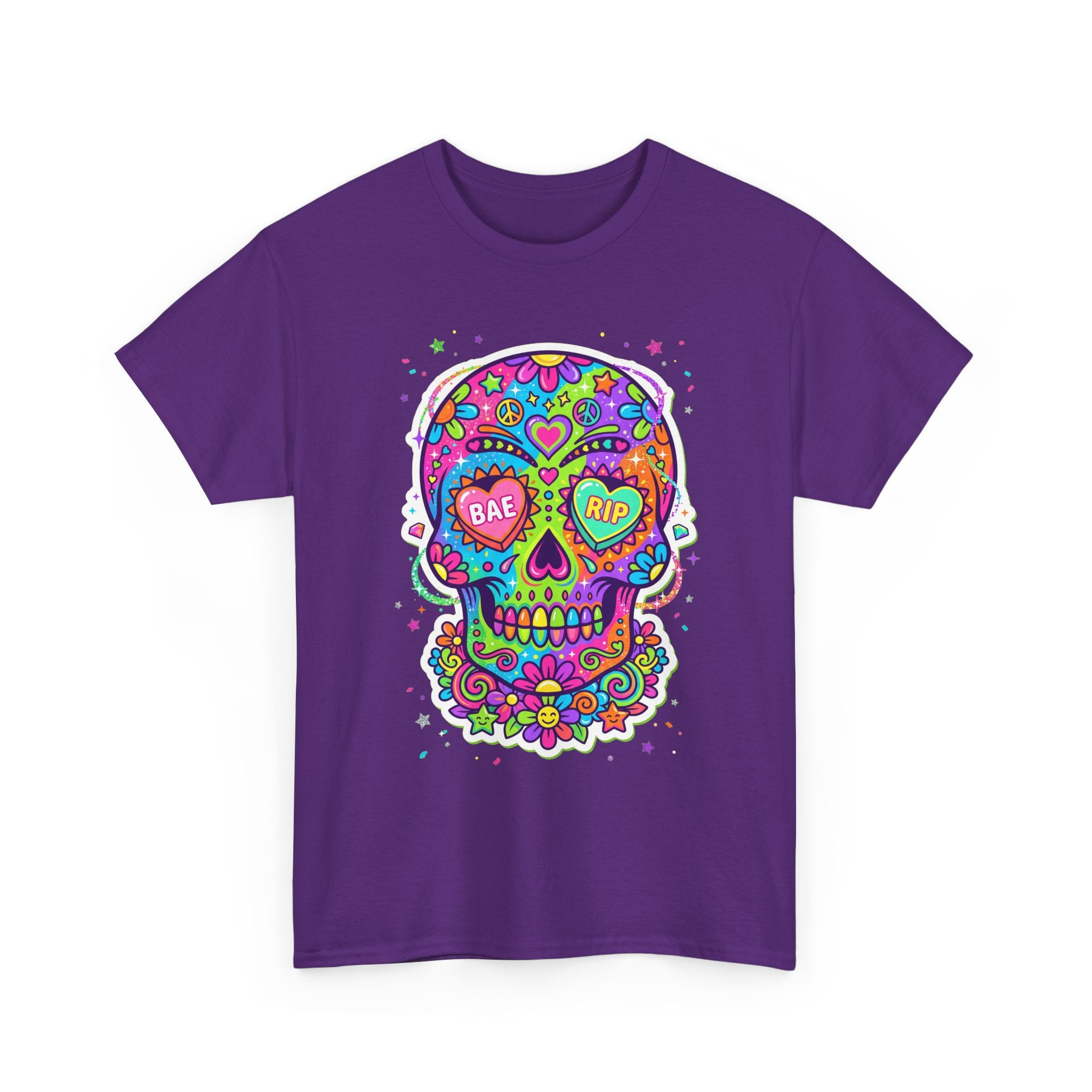 Purple T-shirt with colorful sugar skull graphic on front.