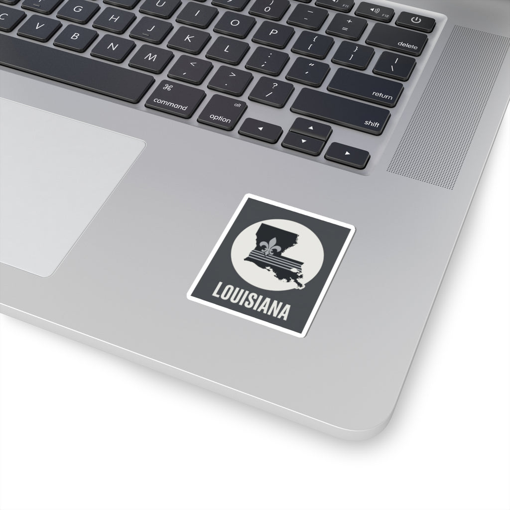 Louisiana fleur-de-lis silhouette sticker, black and white on square backing
