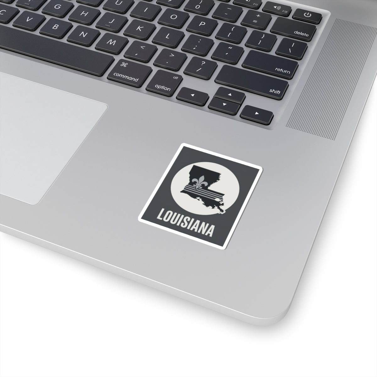 Louisiana fleur-de-lis silhouette sticker, black and white on square backing
